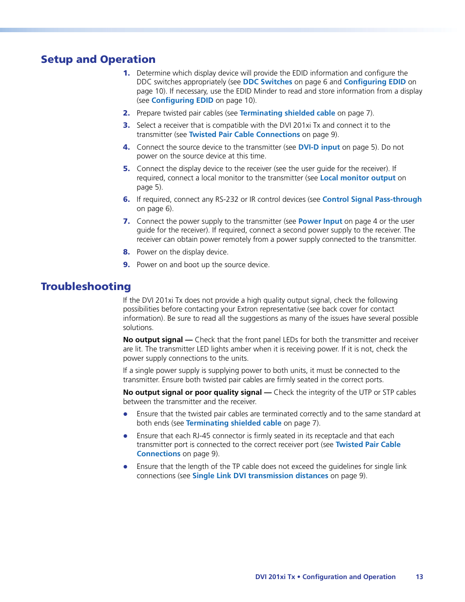 Setup and operation, Troubleshooting | Extron Electronics DVI 201xi Tx User Guide User Manual | Page 19 / 26