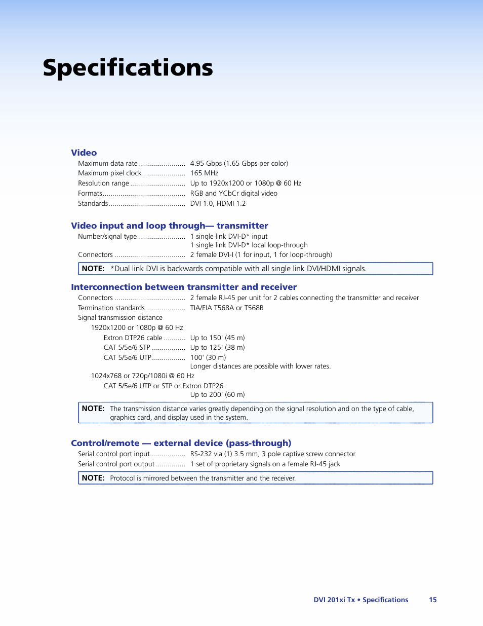 Specifications | Extron Electronics DVI 201xi Tx User Guide User Manual | Page 21 / 26