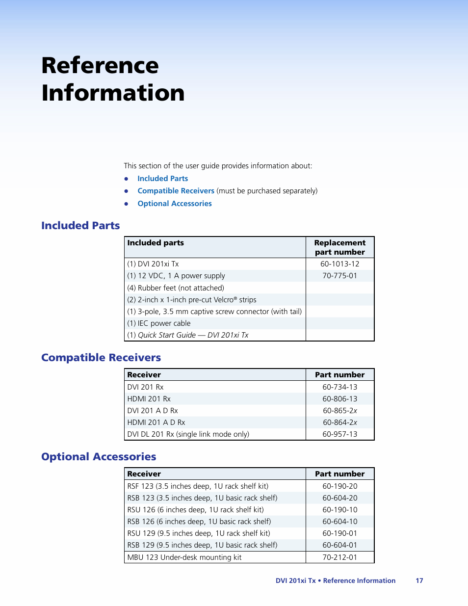 Reference information, Included parts, Compatible receivers | Optional accessories | Extron Electronics DVI 201xi Tx User Guide User Manual | Page 23 / 26