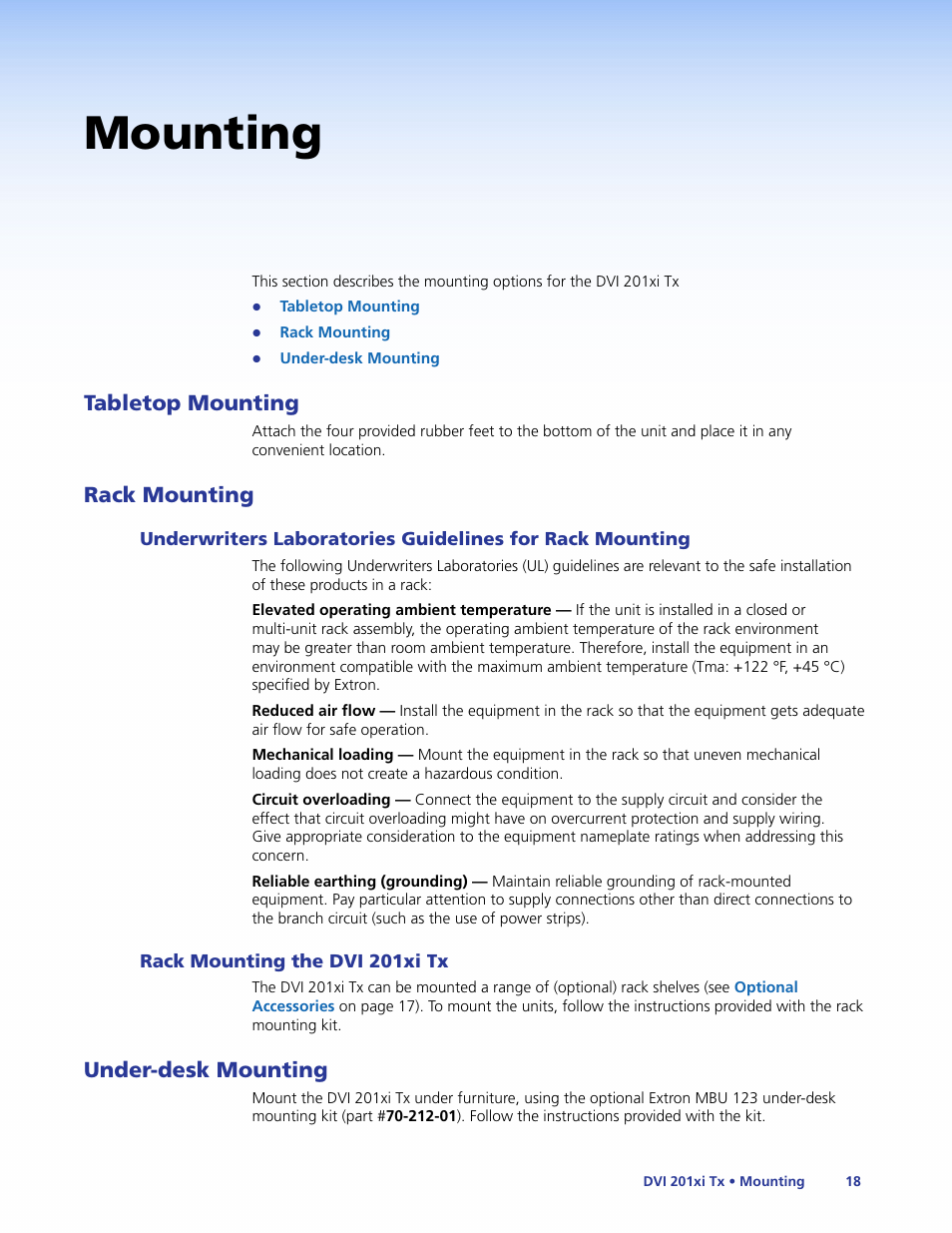 Mounting, Tabletop mounting, Rack mounting | Rack mounting the dvi 201xi tx, Under-desk mounting | Extron Electronics DVI 201xi Tx User Guide User Manual | Page 24 / 26