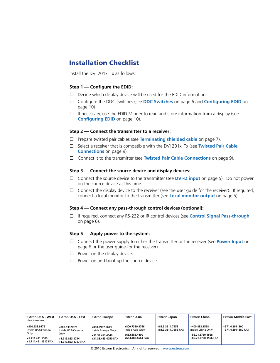 Installation checklist, Extron contact information | Extron Electronics DVI 201xi Tx User Guide User Manual | Page 26 / 26