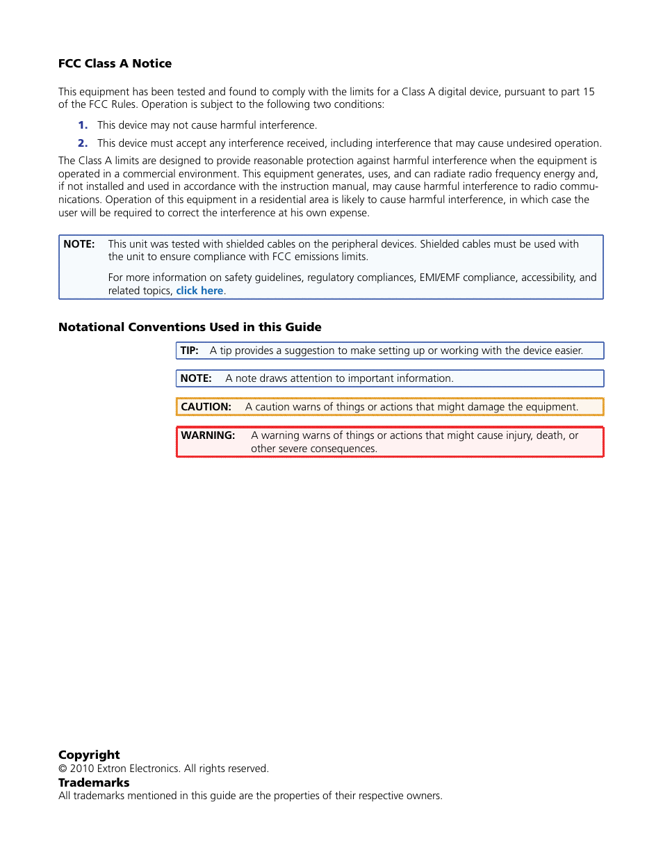 Fcc class a notice, Notational conventions used in this guide | Extron Electronics DVI 201xi Tx User Guide User Manual | Page 3 / 26