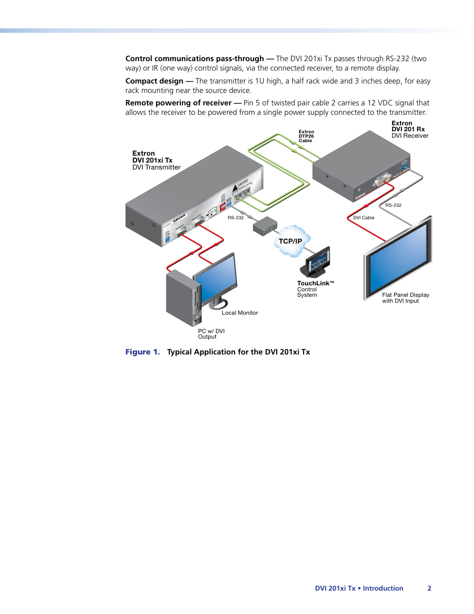 Figure 1. typical application for the dvi 201xi tx, Dvi 201xi tx • introduction 2, Extron dvi 201xi tx dvi transmitter | Tcp/ip | Extron Electronics DVI 201xi Tx User Guide User Manual | Page 8 / 26