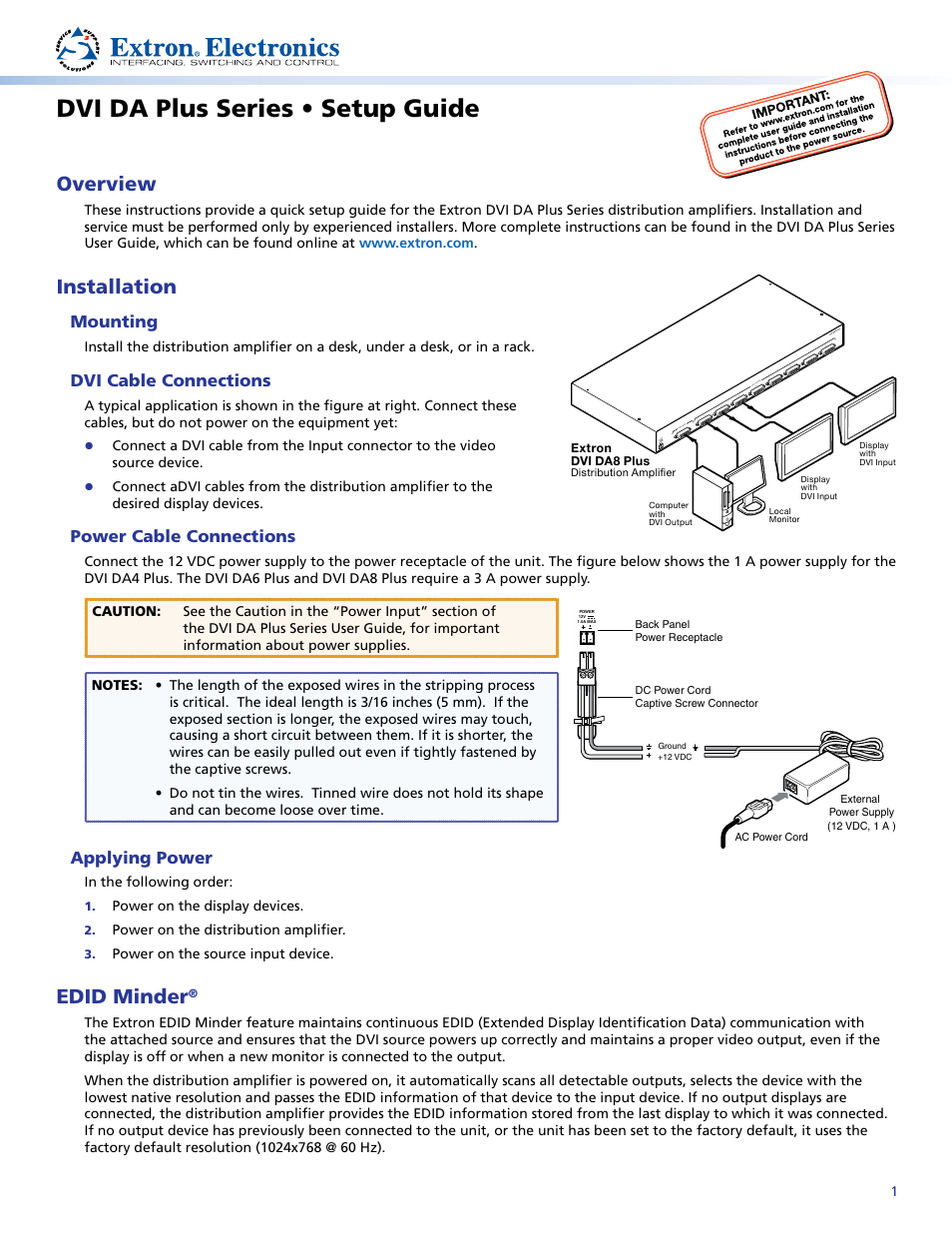 Extron Electronics DVI DA Plus Series Setup Guide User Manual | 2 pages