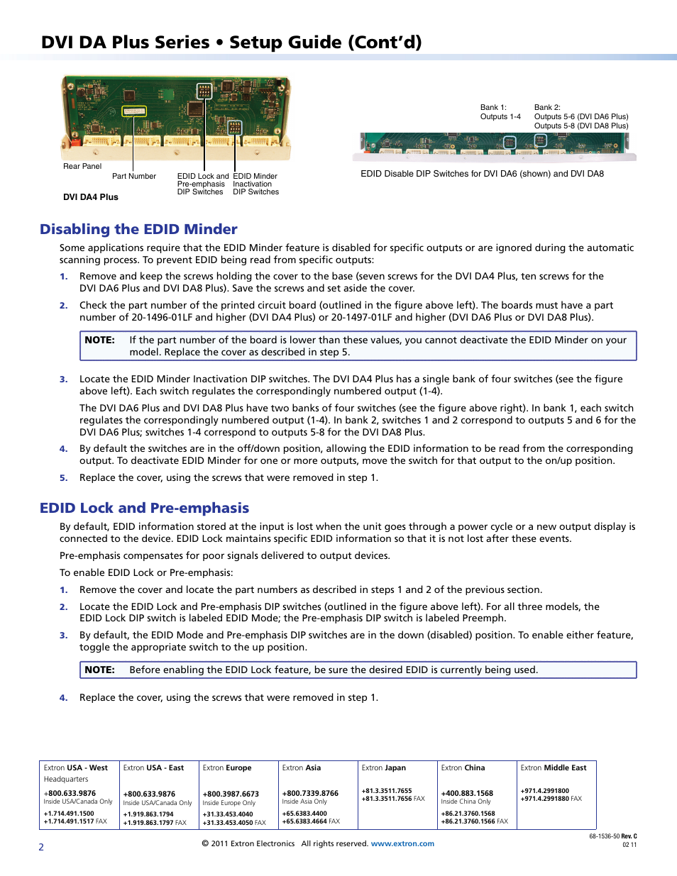 Disabling edid minder, Edid lock and pre-emphasis, Extron contact information | Dvi da plus series • setup guide (cont’d), Disabling the edid minder | Extron Electronics DVI DA Plus Series Setup Guide User Manual | Page 2 / 2