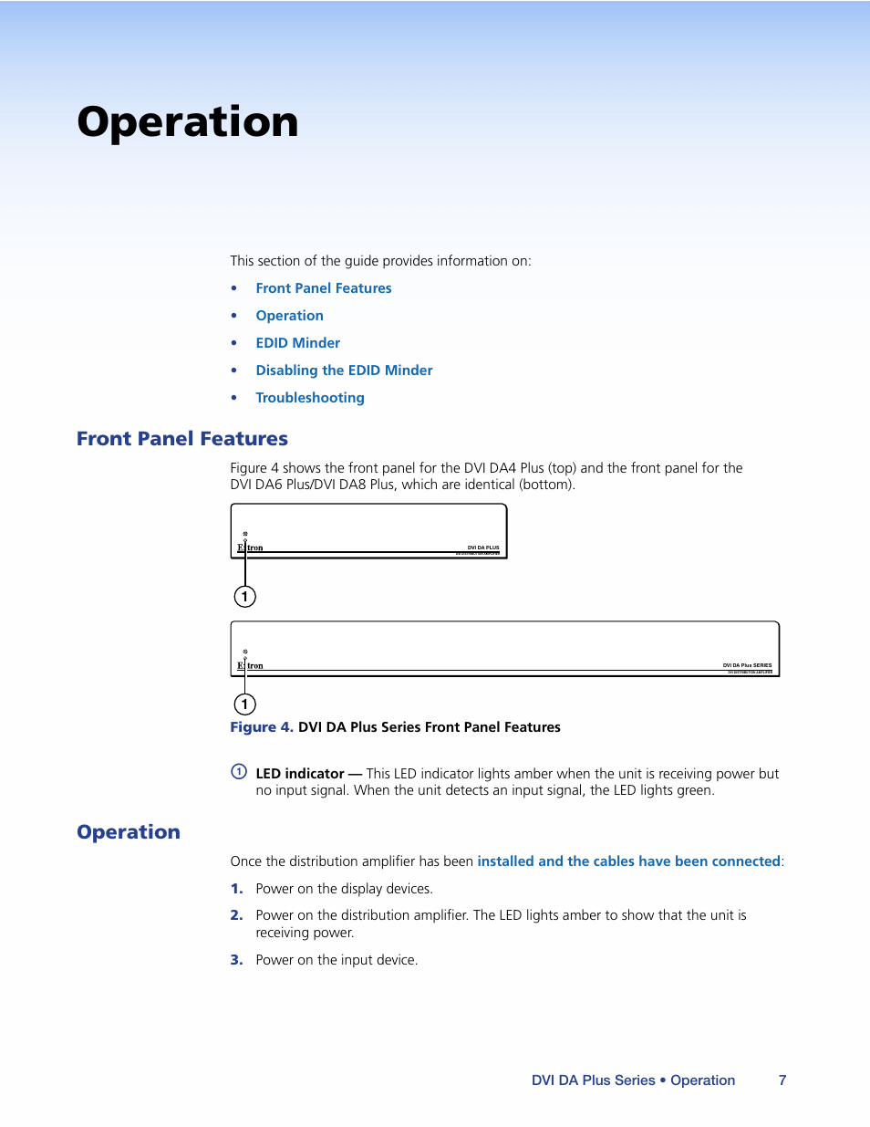 Operation, Front panel features | Extron Electronics DVI DA Plus Series User Guide User Manual | Page 13 / 24