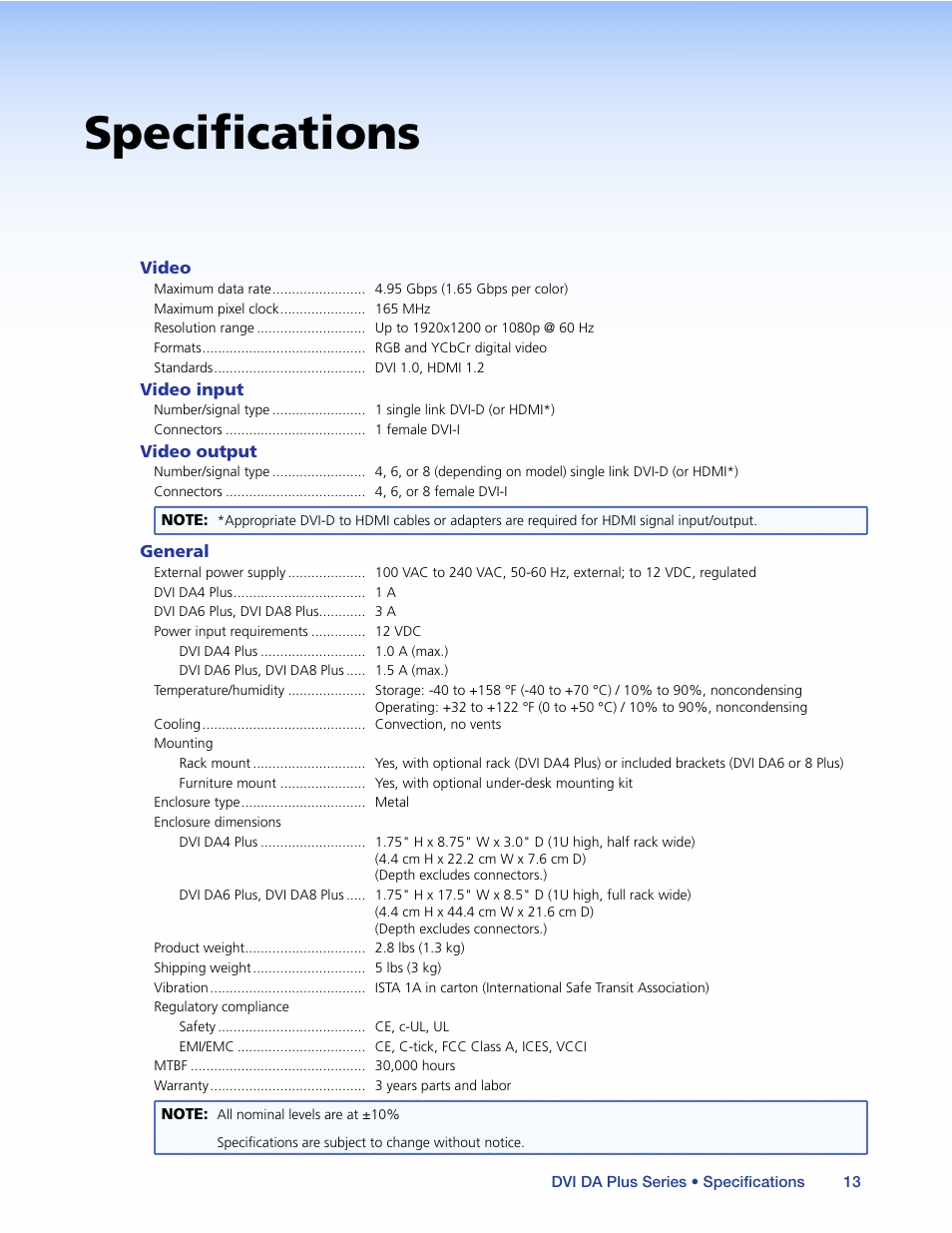 Specifications | Extron Electronics DVI DA Plus Series User Guide User Manual | Page 19 / 24