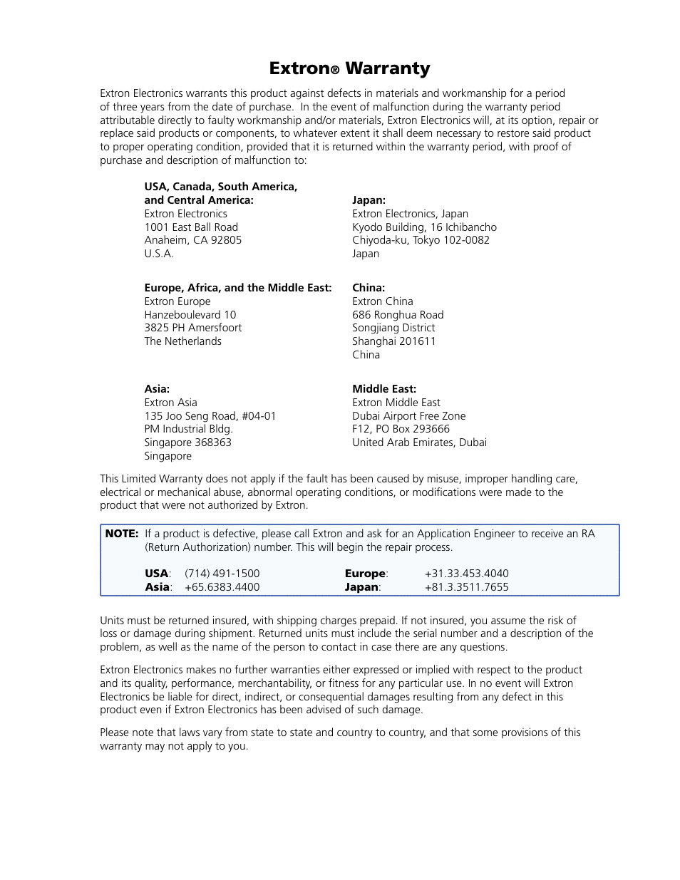 Extron warranty, Extron, Warranty | Extron Electronics DVI DA Plus Series User Guide User Manual | Page 23 / 24