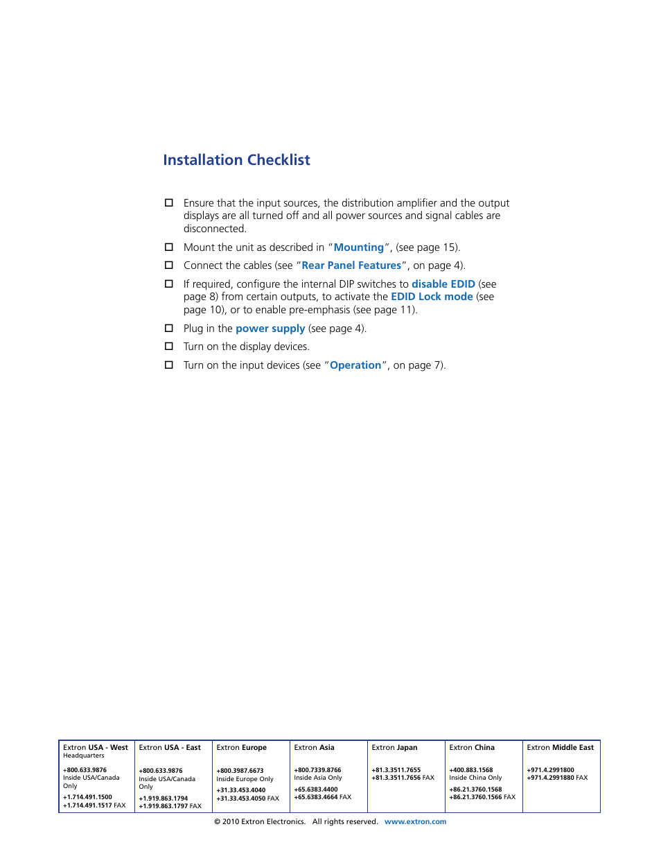 Installation checklist, Extron contact information | Extron Electronics DVI DA Plus Series User Guide User Manual | Page 24 / 24