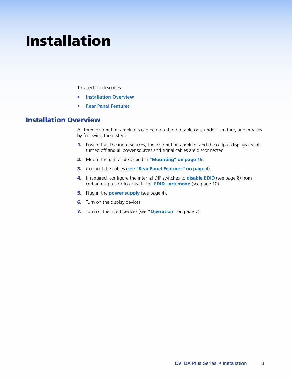 Installation, Installation overview | Extron Electronics DVI DA Plus Series User Guide User Manual | Page 9 / 24