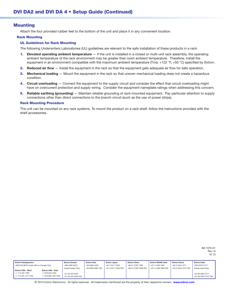 Rack mounting, Ul guidelines for rack mounting, Rack mounting procedure | Mounting, Dvi da2 and dvi da 4 • setup guide (continued) | Extron Electronics DVI DA4 User Guide User Manual | Page 5 / 5