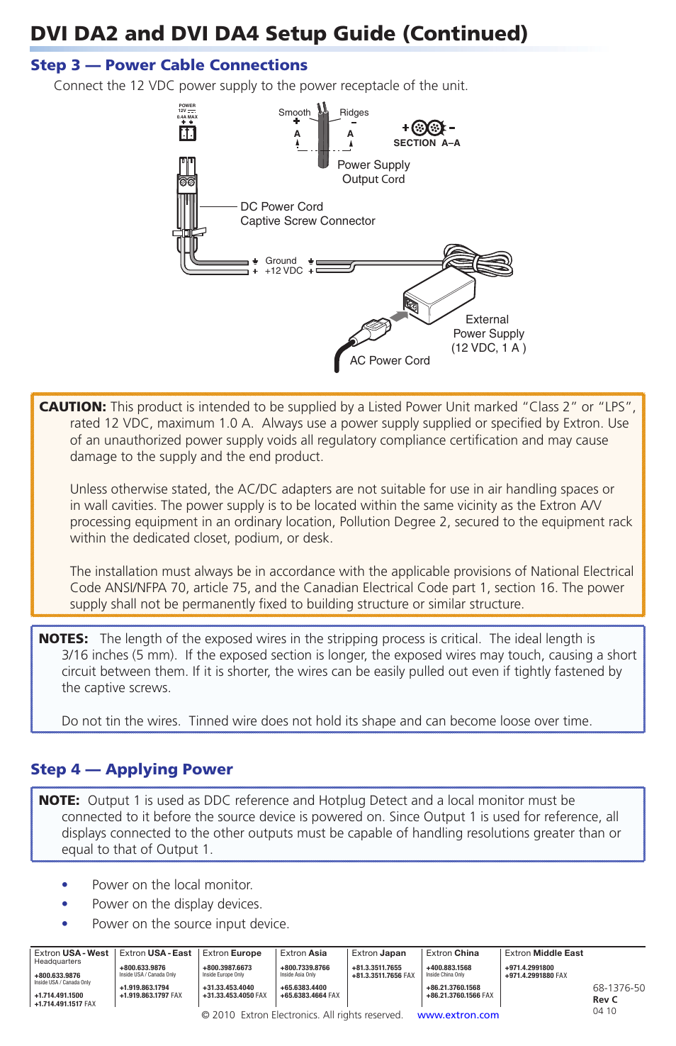 Power cable connections, Applying power, Extron contact information | Dvi da2 and dvi da4 setup guide (continued), Step 3 — power cable connections, Step 4 — applying power | Extron Electronics DVI DA4 Setup Guide User Manual | Page 2 / 2