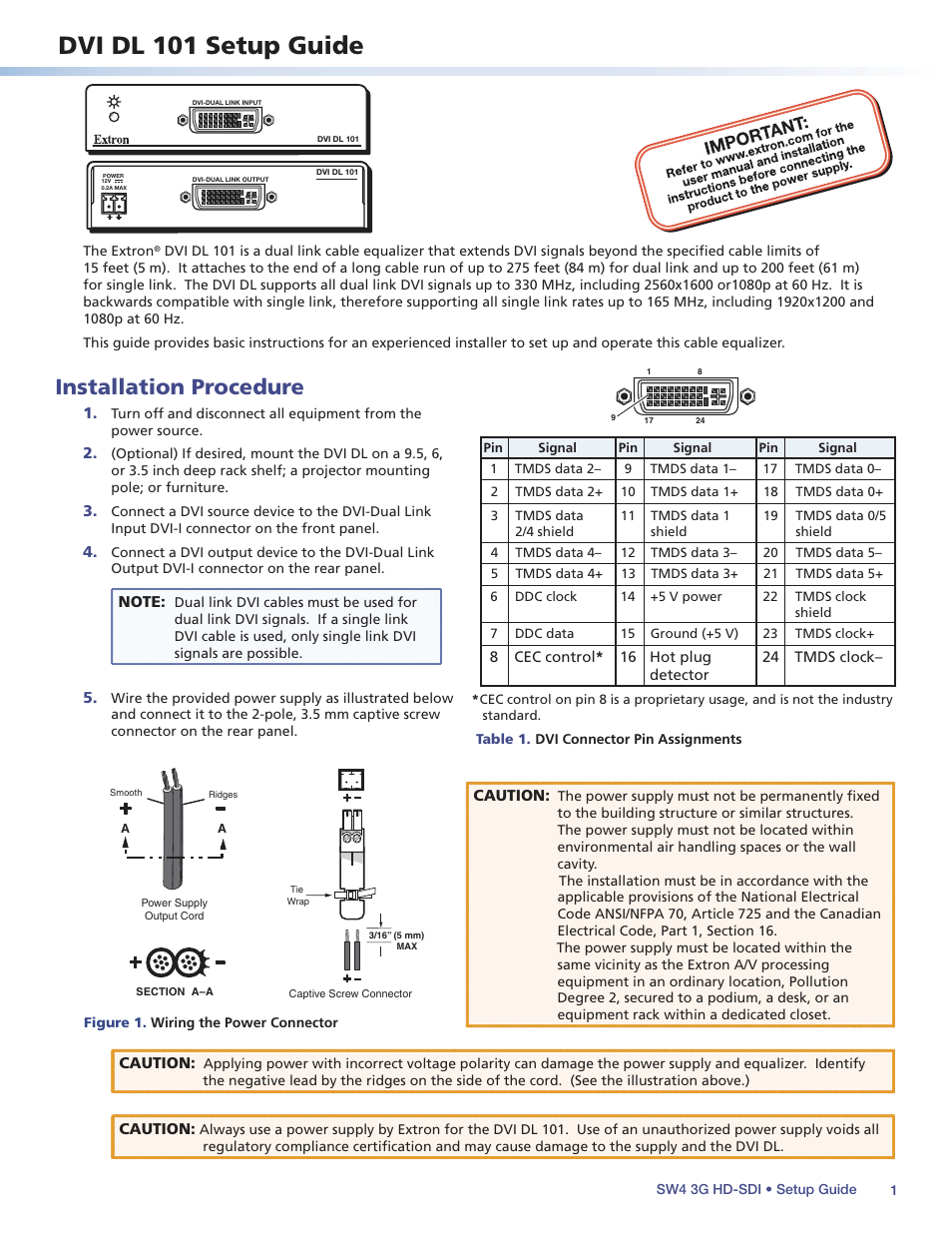 Extron Electronics DVI DL 101 Setup Guide User Manual | 2 pages