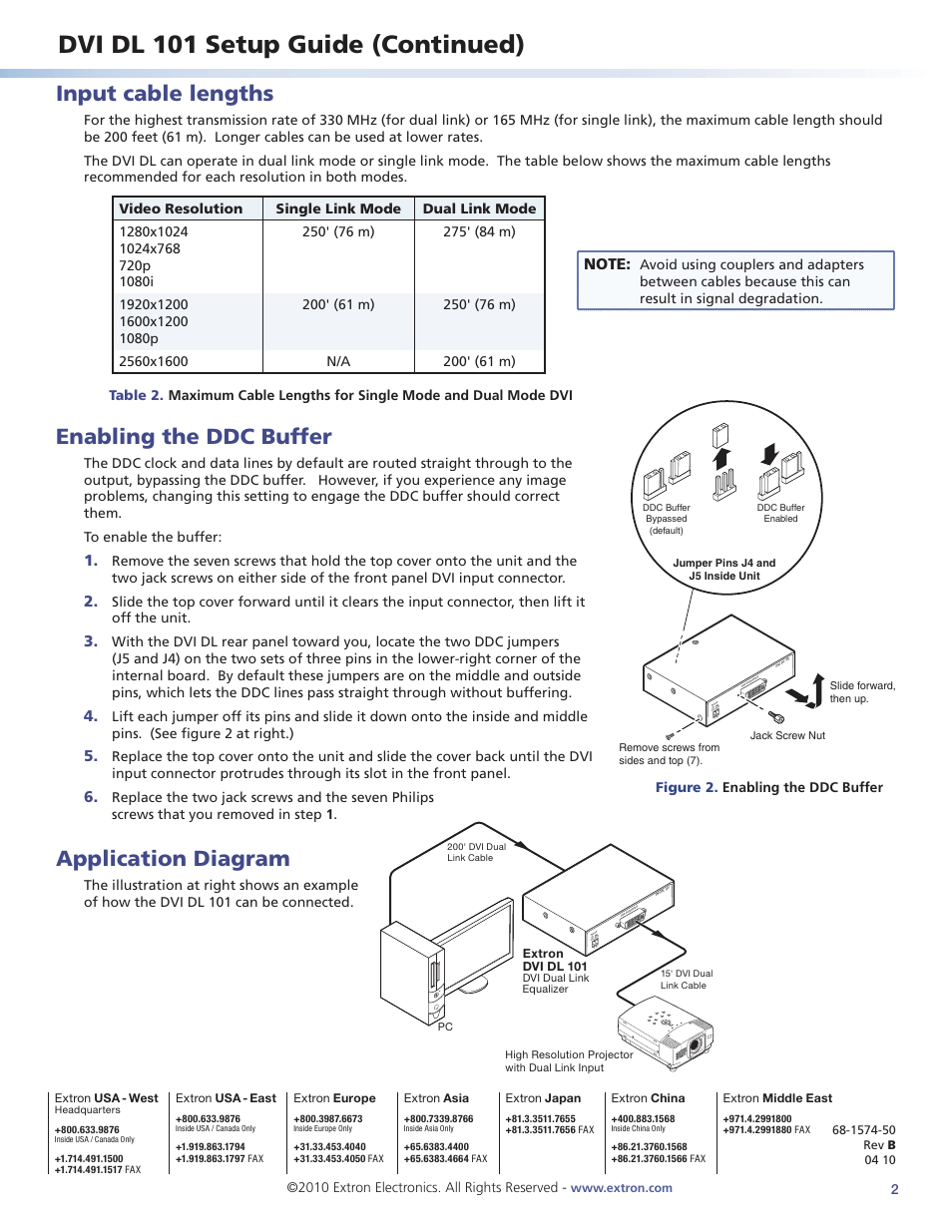 Dvi dl 101 setup guide (continued), Input cable lengths, Enabling the ddc buffer | Application diagram | Extron Electronics DVI DL 101 Setup Guide User Manual | Page 2 / 2