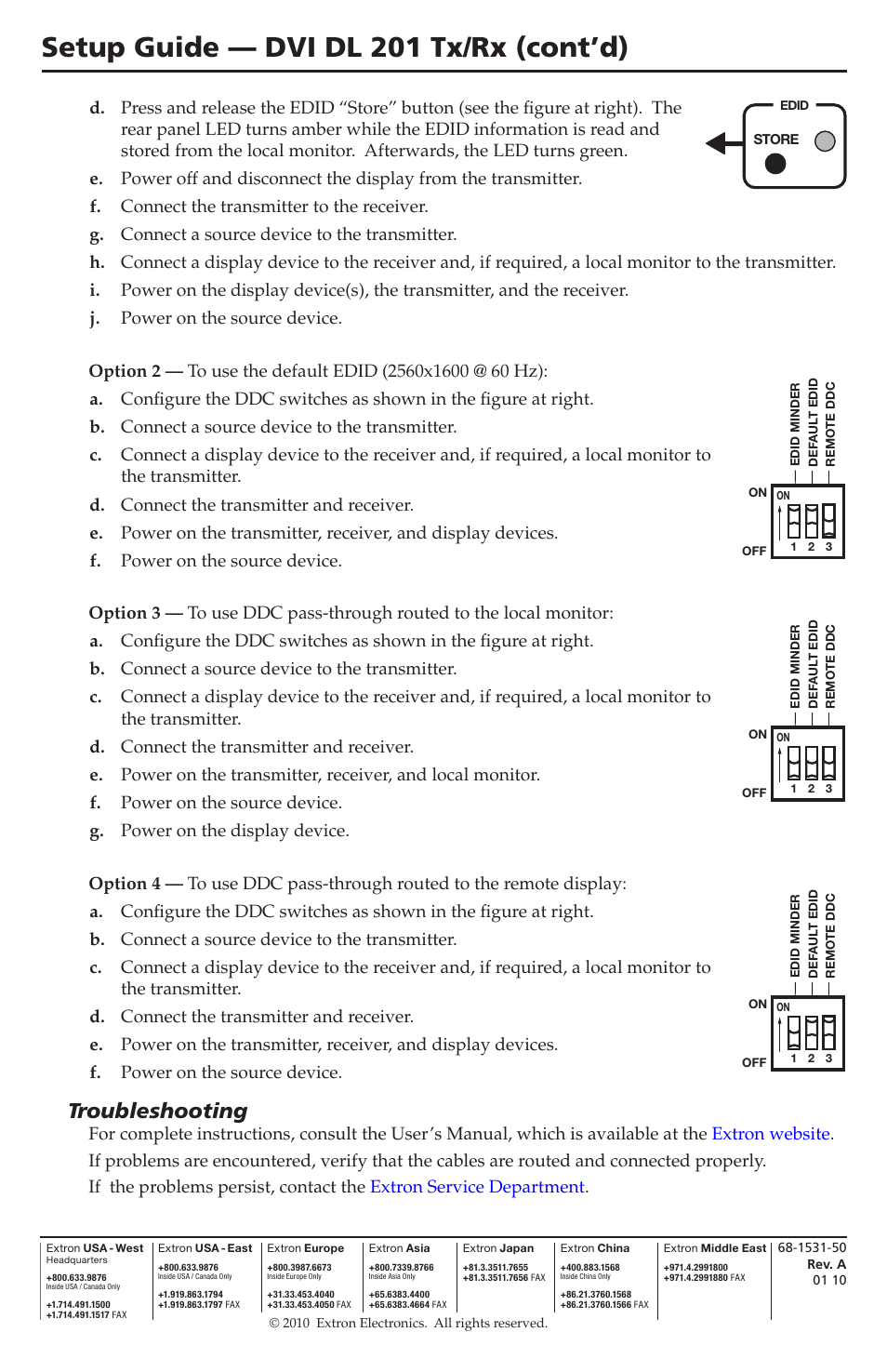 Troubleshooting, Setup guide — dvi dl 201 tx/rx (cont’d) | Extron Electronics DVI DL 201 Tx_Rx Setup Guide User Manual | Page 2 / 2