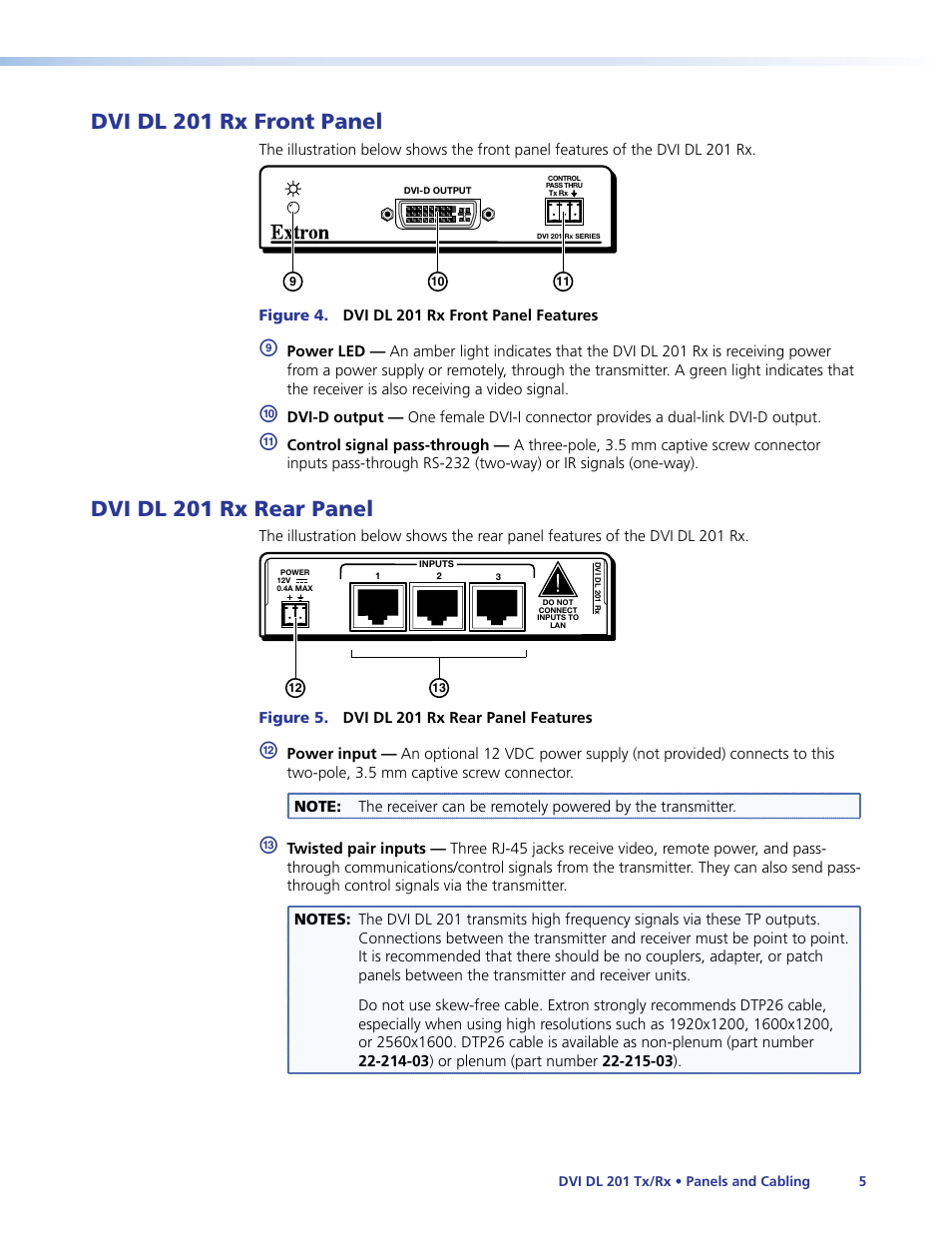 Dvi dl 201 rx front panel, Dvi dl 201 rx rear panel, Dvi dl 201 rx front panel dvi dl 201 rx rear panel | Extron Electronics DVI DL 201 Tx_Rx User Guide User Manual | Page 11 / 32
