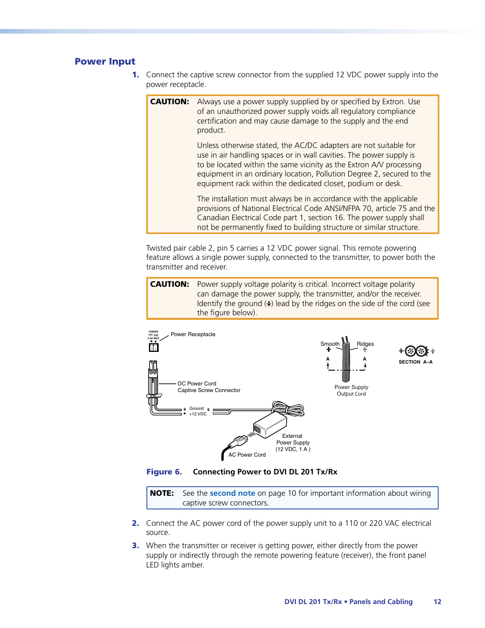 Power input | Extron Electronics DVI DL 201 Tx_Rx User Guide User Manual | Page 18 / 32