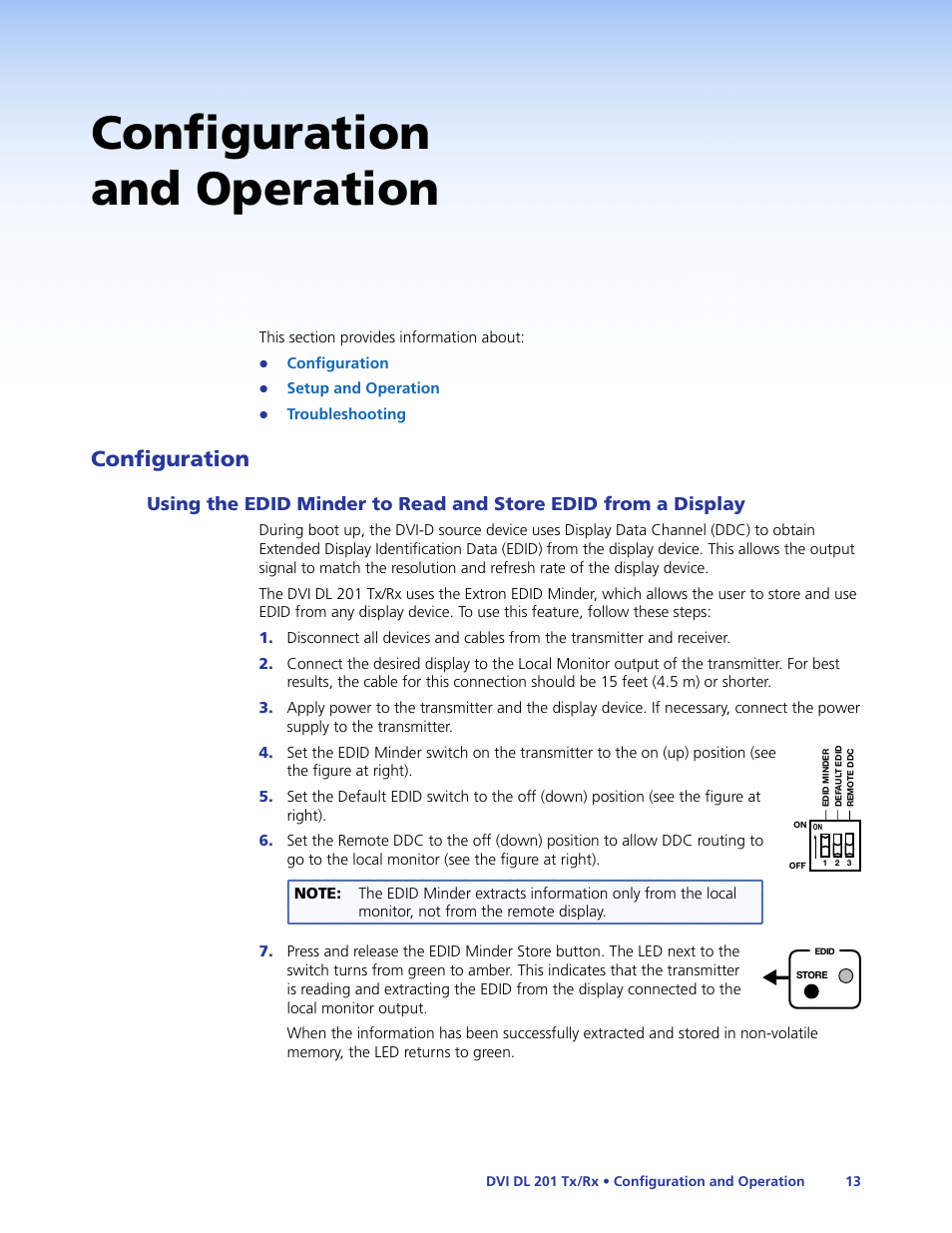 Configuration and operation, Configuration, Using the edid minder to read and store | Edid from a display | Extron Electronics DVI DL 201 Tx_Rx User Guide User Manual | Page 19 / 32