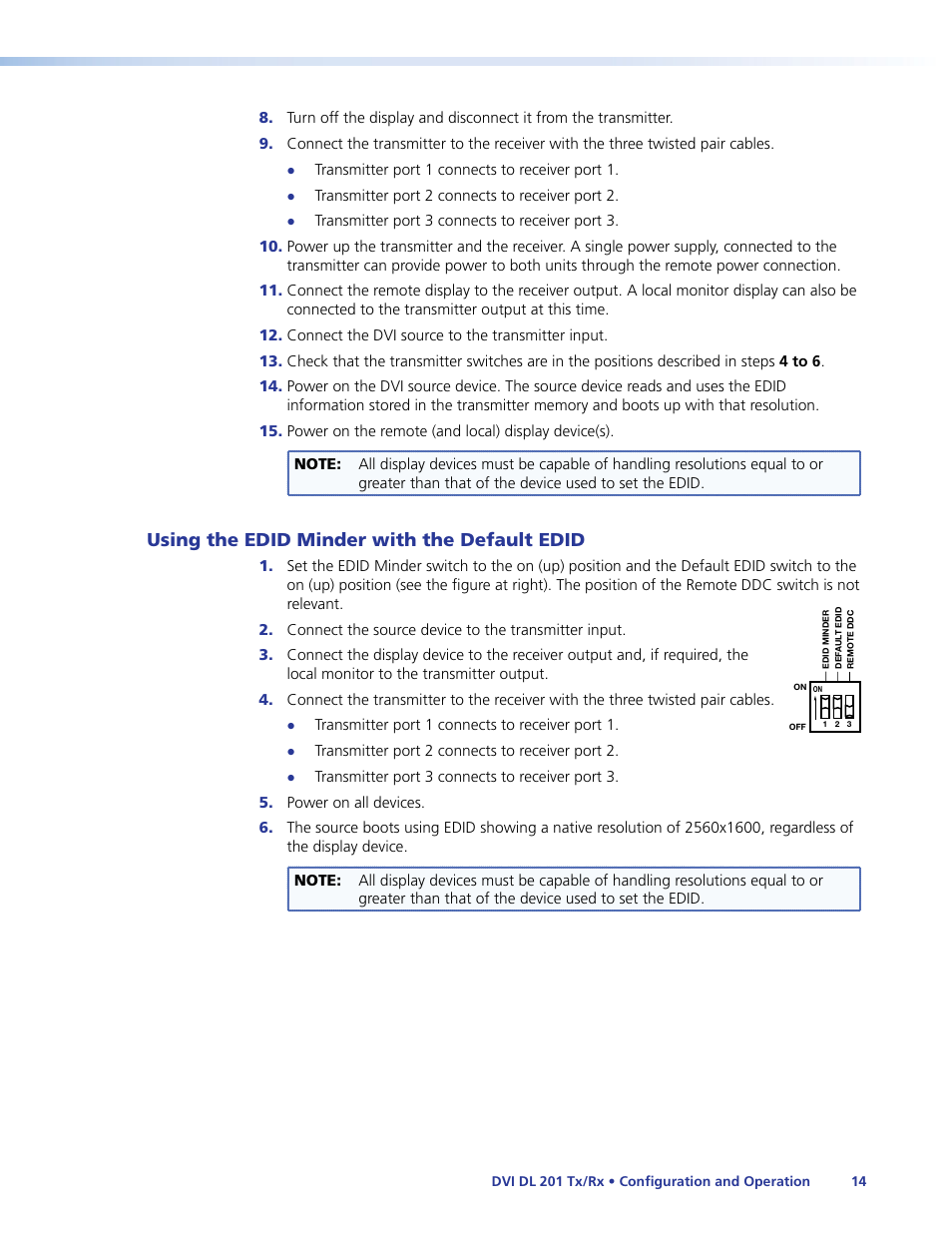 Using the edid minder with the default edid, Using the edid minder with the, Default edid | Extron Electronics DVI DL 201 Tx_Rx User Guide User Manual | Page 20 / 32