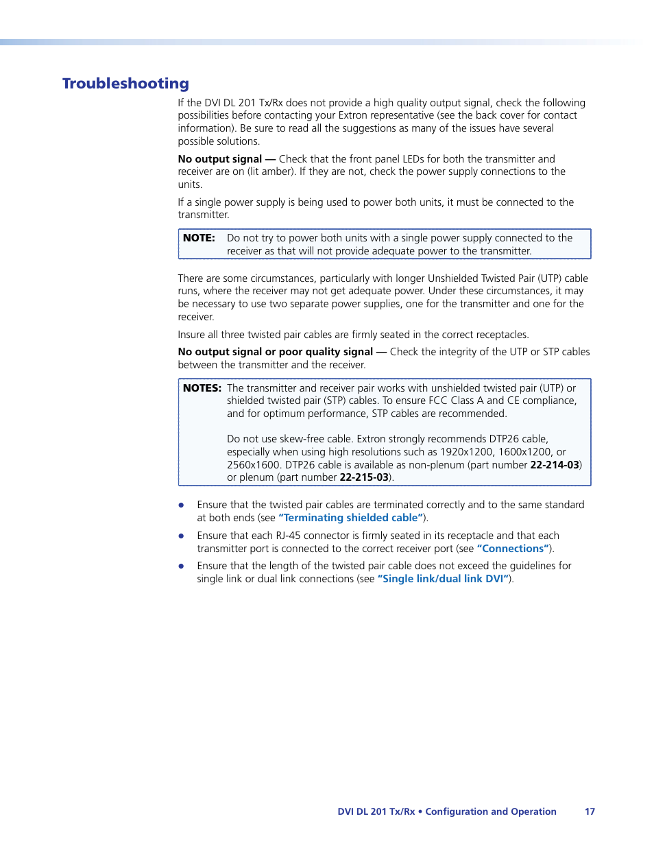 Troubleshooting | Extron Electronics DVI DL 201 Tx_Rx User Guide User Manual | Page 23 / 32