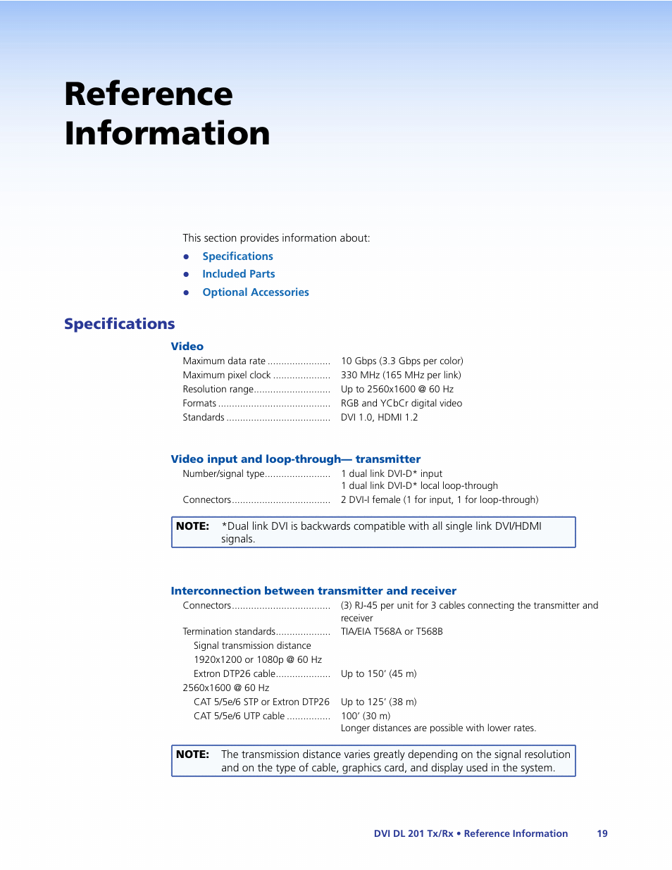 Reference information, Specifications | Extron Electronics DVI DL 201 Tx_Rx User Guide User Manual | Page 25 / 32