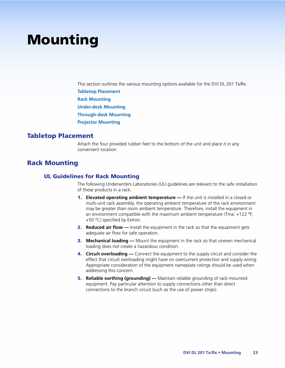 Mounting, Tabletop placement, Rack mounting | Ul guidelines for rack mounting, Tabletop placement rack mounting | Extron Electronics DVI DL 201 Tx_Rx User Guide User Manual | Page 29 / 32