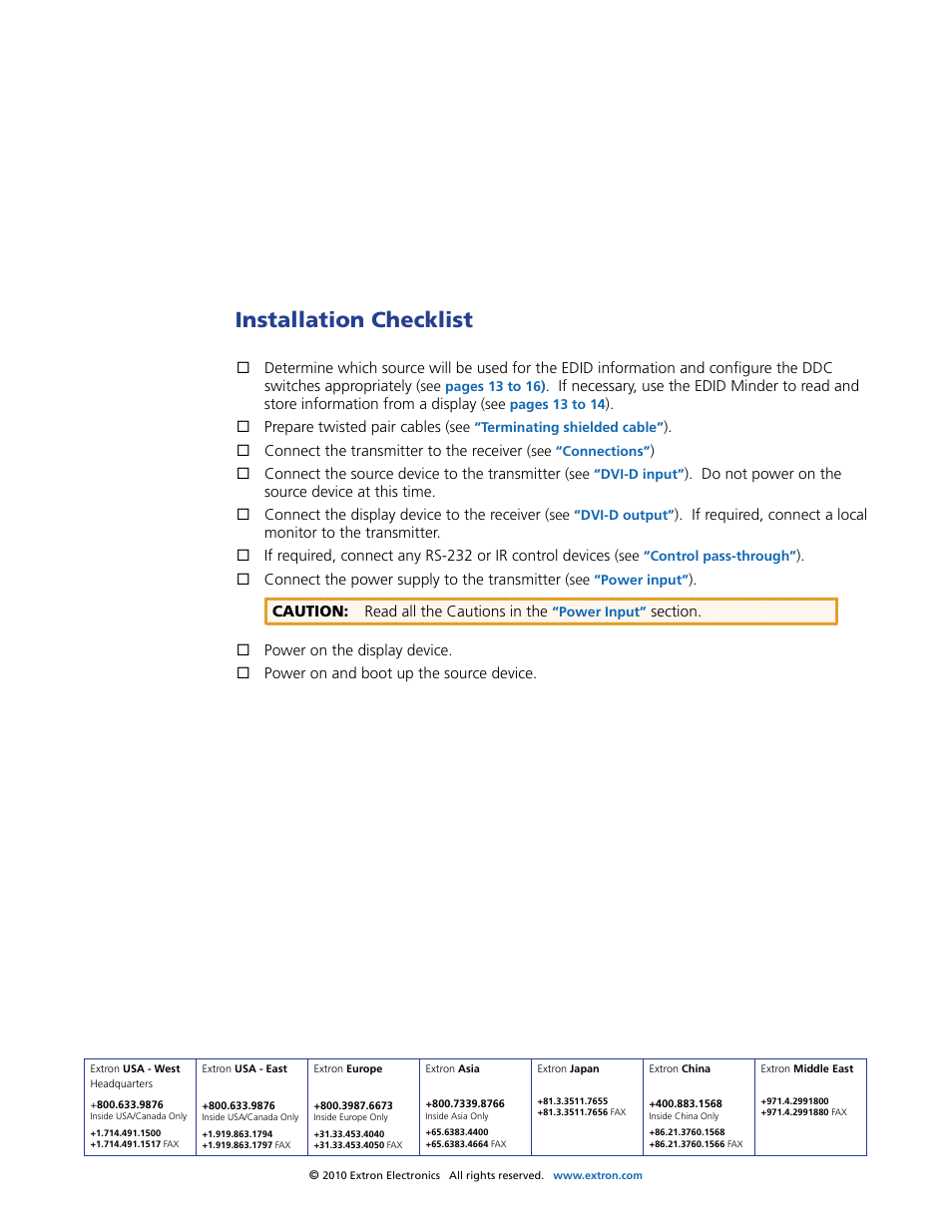 Installation checklist, Extron contact information | Extron Electronics DVI DL 201 Tx_Rx User Guide User Manual | Page 32 / 32
