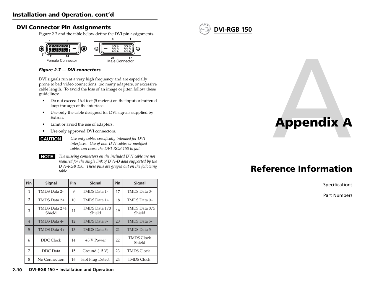 Appendix a, Reference information | Extron Electronics DVI-RGB 150 User Manual | Page 11 / 14