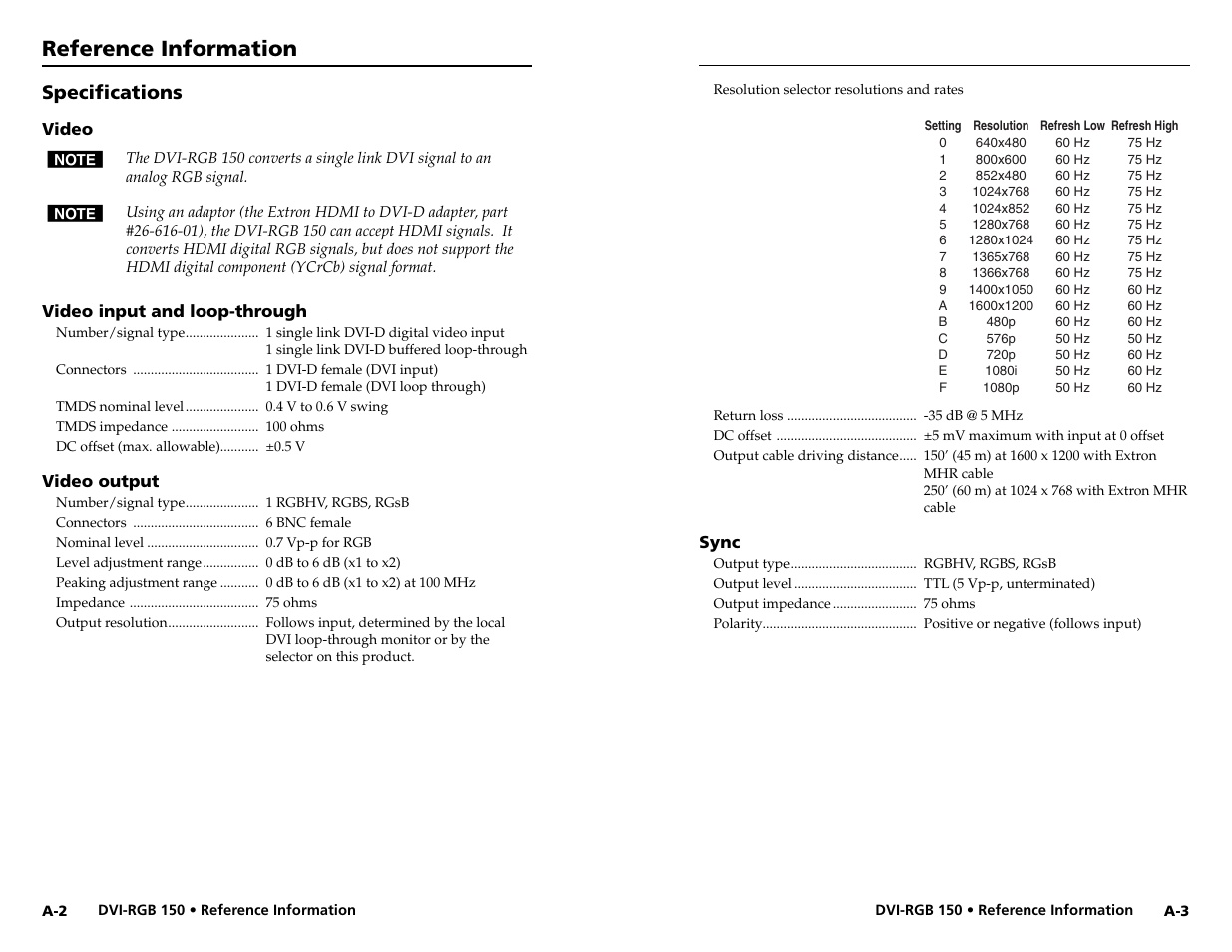 Reference information, Specifi cations | Extron Electronics DVI-RGB 150 User Manual | Page 12 / 14
