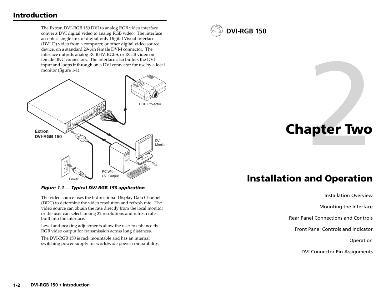 Chapter two, Installation and operation | Extron Electronics DVI-RGB 150 User Manual | Page 6 / 14