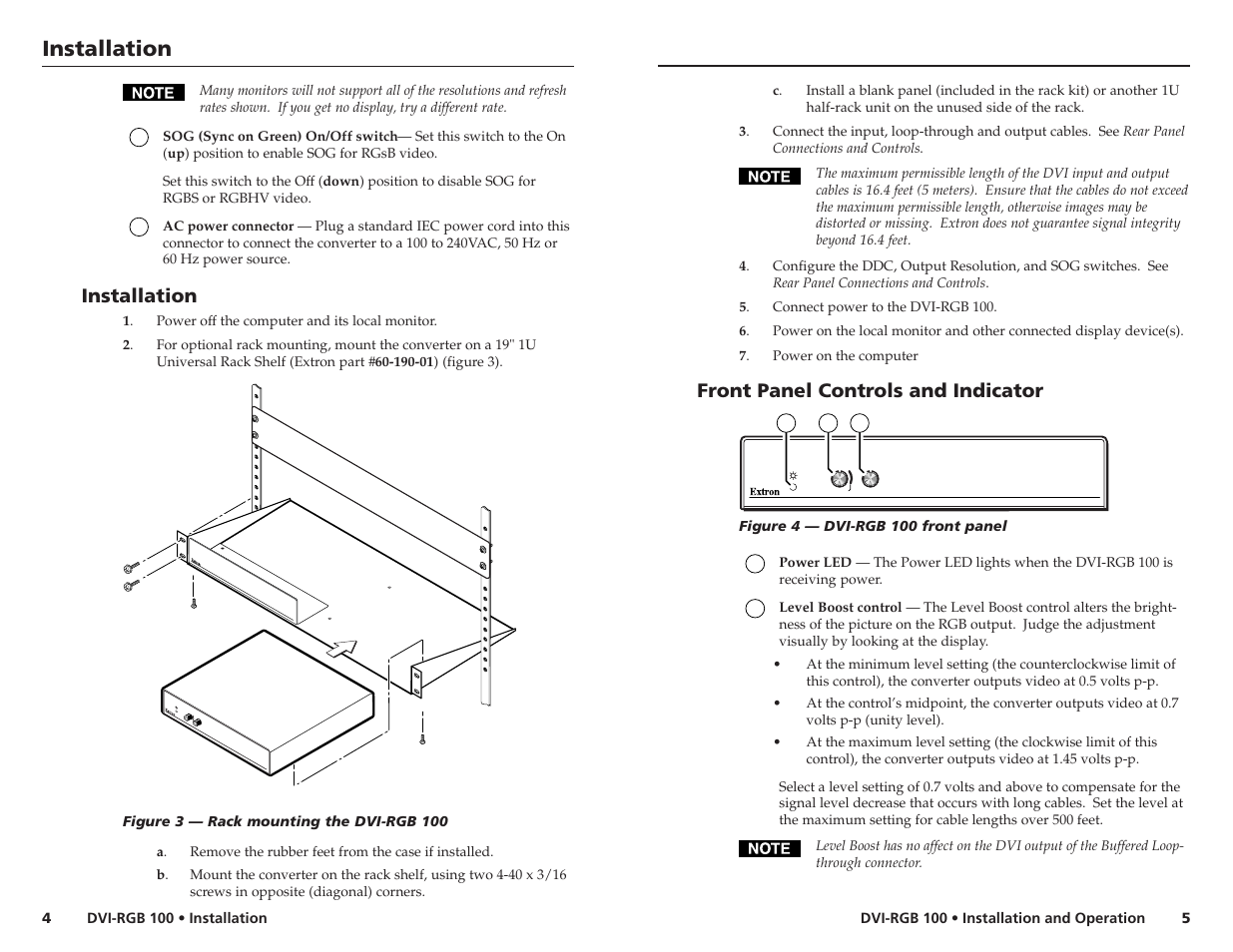 Installation, Front panel controls and indicator | Extron Electronics DVI-RGB 100 User Manual | Page 3 / 5