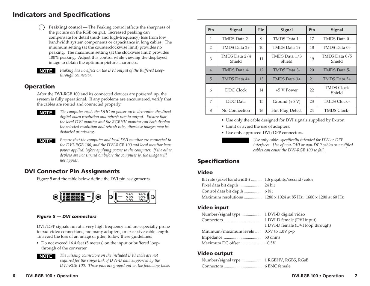 Indicators and specifications, Operation, Dvi connector pin assignments | Specifications | Extron Electronics DVI-RGB 100 User Manual | Page 4 / 5