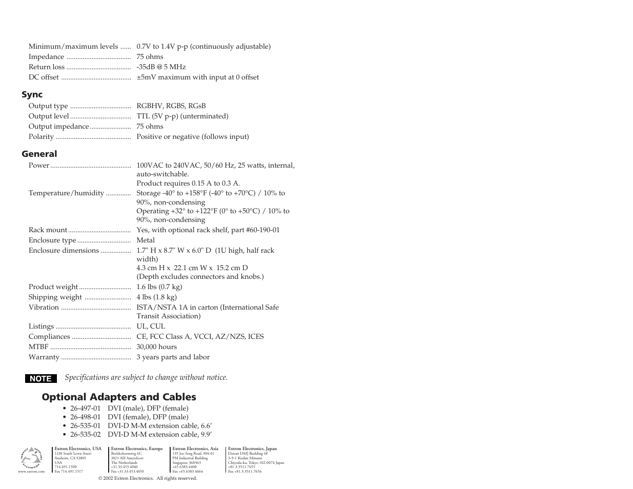Optional adapters and cables, Sync, General | Extron Electronics DVI-RGB 100 User Manual | Page 5 / 5