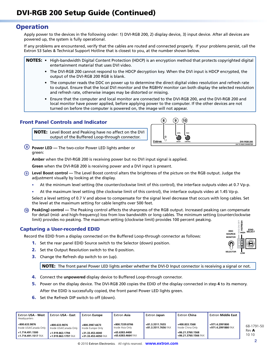 Dvi-rgb 200 setup guide (continued), Operation, Front panel controls and indicator | Capturing a user-recorded edid | Extron Electronics DVI-RGB 200 Setup Guide User Manual | Page 2 / 2