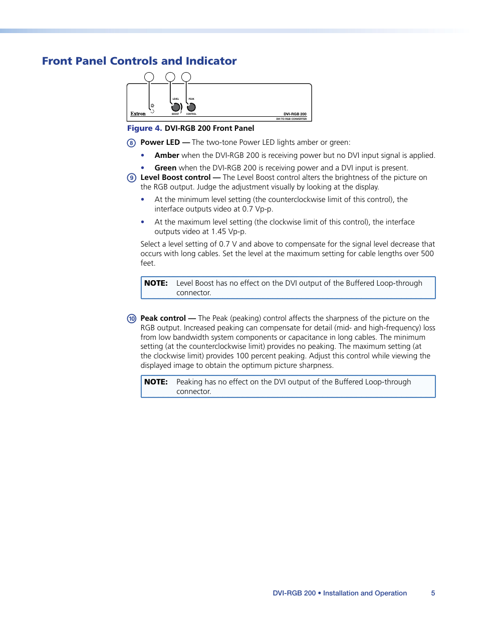 Front panel controls and indicator, Set the level and peaking. see | Extron Electronics DVI-RGB 200 User Guide User Manual | Page 10 / 19