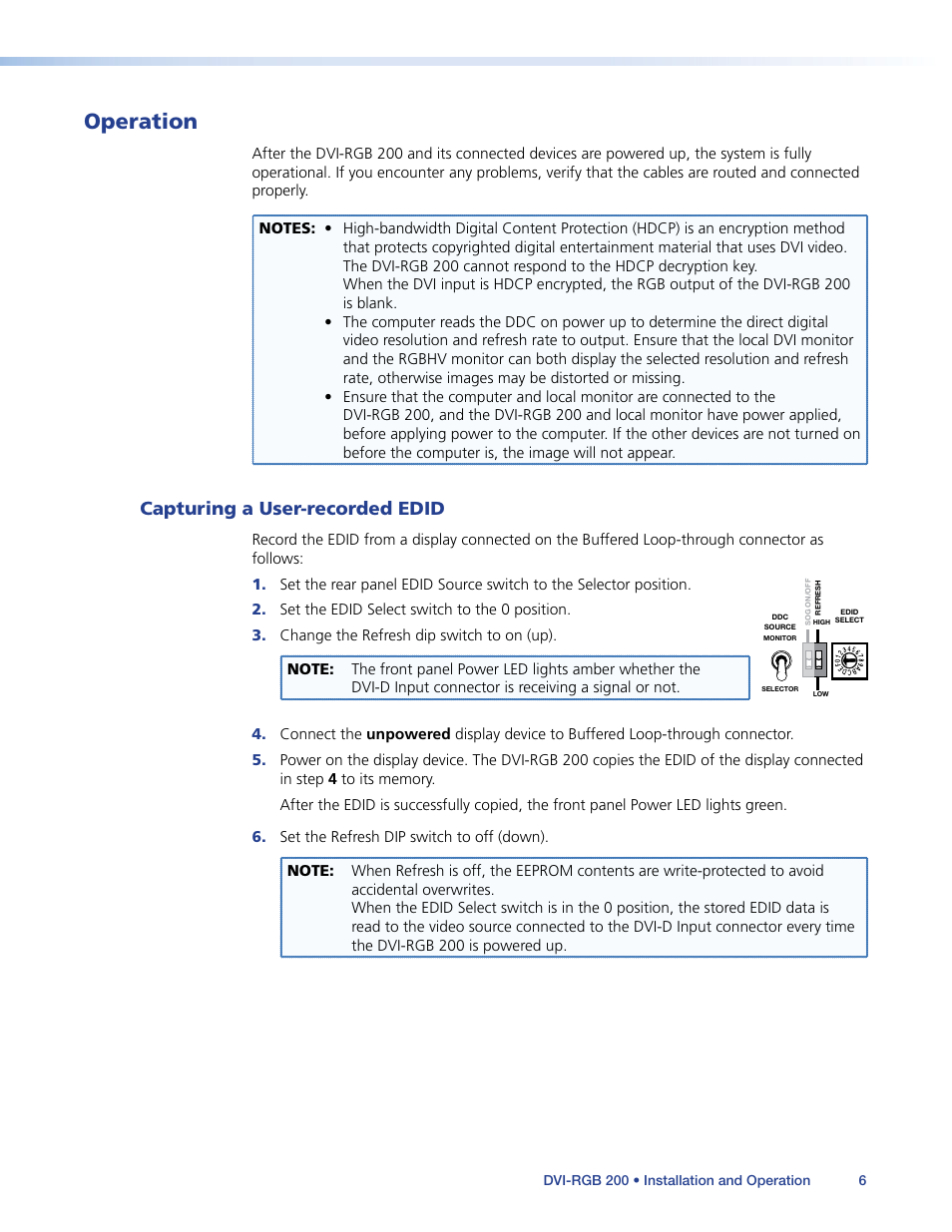 Operation, Capturing a user-recorded edid, Dvi-d input). see | Extron Electronics DVI-RGB 200 User Guide User Manual | Page 11 / 19