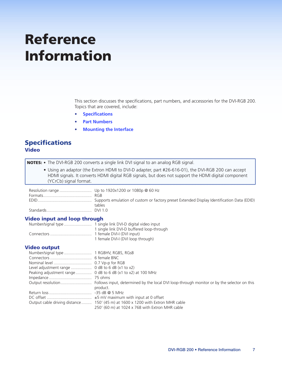 Reference information, Specifications | Extron Electronics DVI-RGB 200 User Guide User Manual | Page 12 / 19