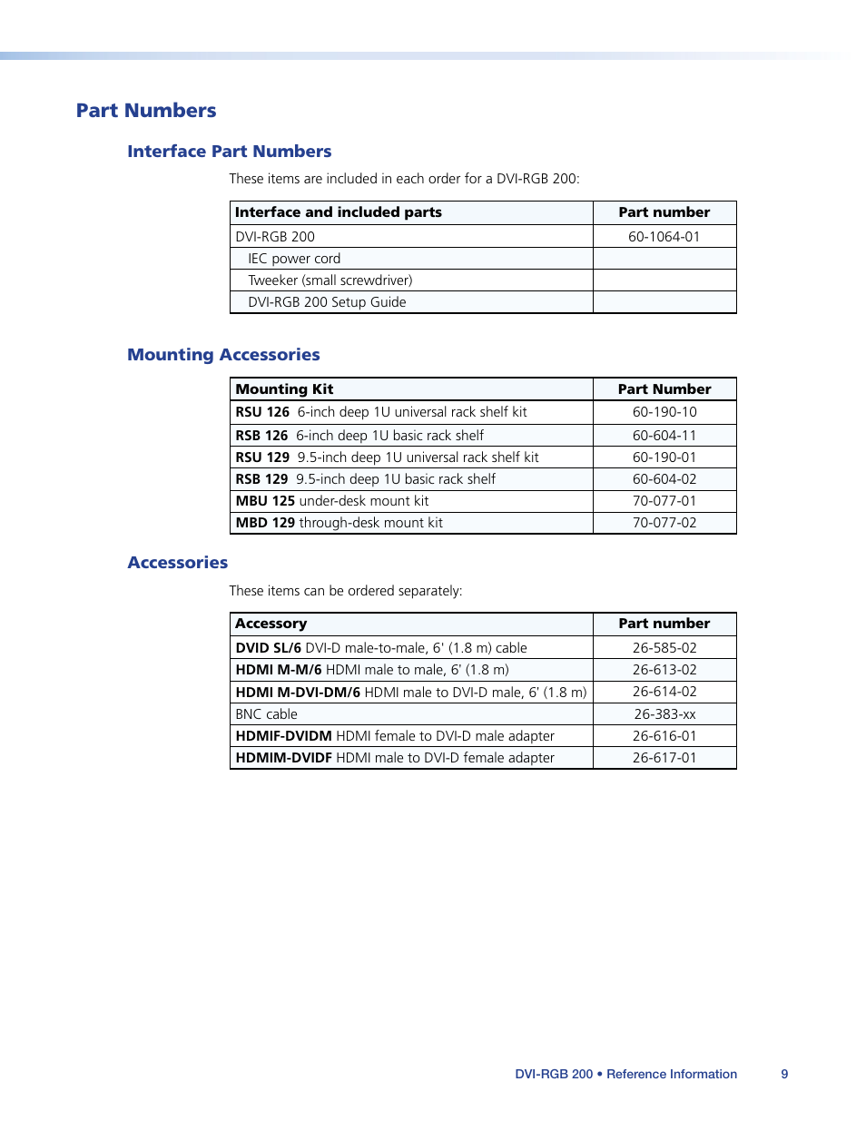 Part numbers, Dms matrix player part numbers, Mounting accessories | Accessories | Extron Electronics DVI-RGB 200 User Guide User Manual | Page 14 / 19
