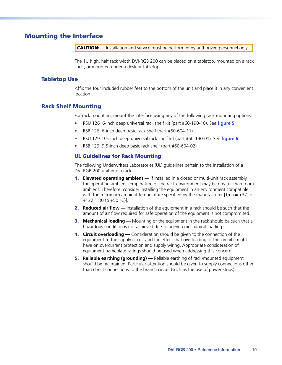 Mounting the interface, Tabletop use, Rack shelf mounting | Tabletop use rack shelf mounting, Detailed mounting instructions can be found in the, Reference information, Section, Mounted on a rack shelf | Extron Electronics DVI-RGB 200 User Guide User Manual | Page 15 / 19