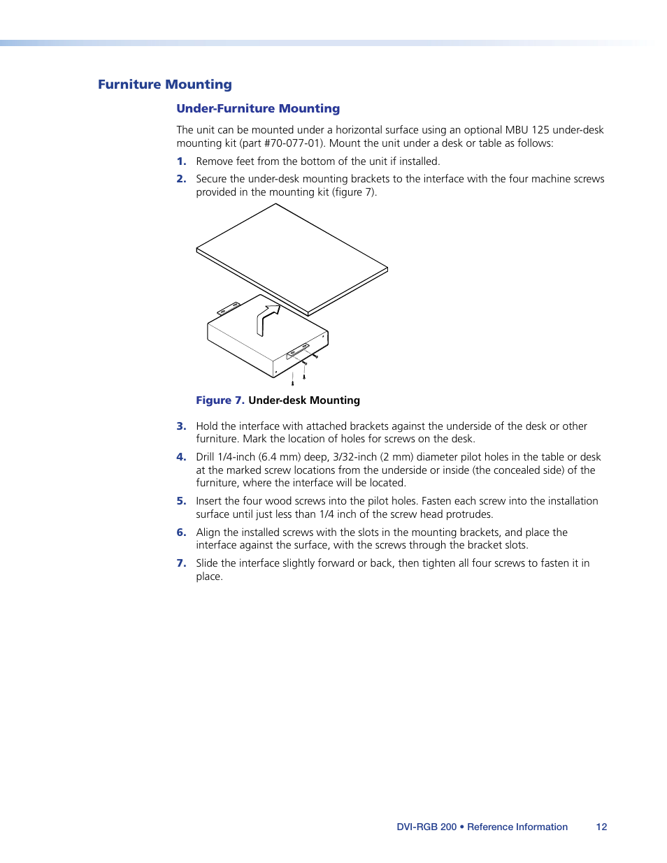 Furniture mounting, Mounted under a desk or tabletop | Extron Electronics DVI-RGB 200 User Guide User Manual | Page 17 / 19