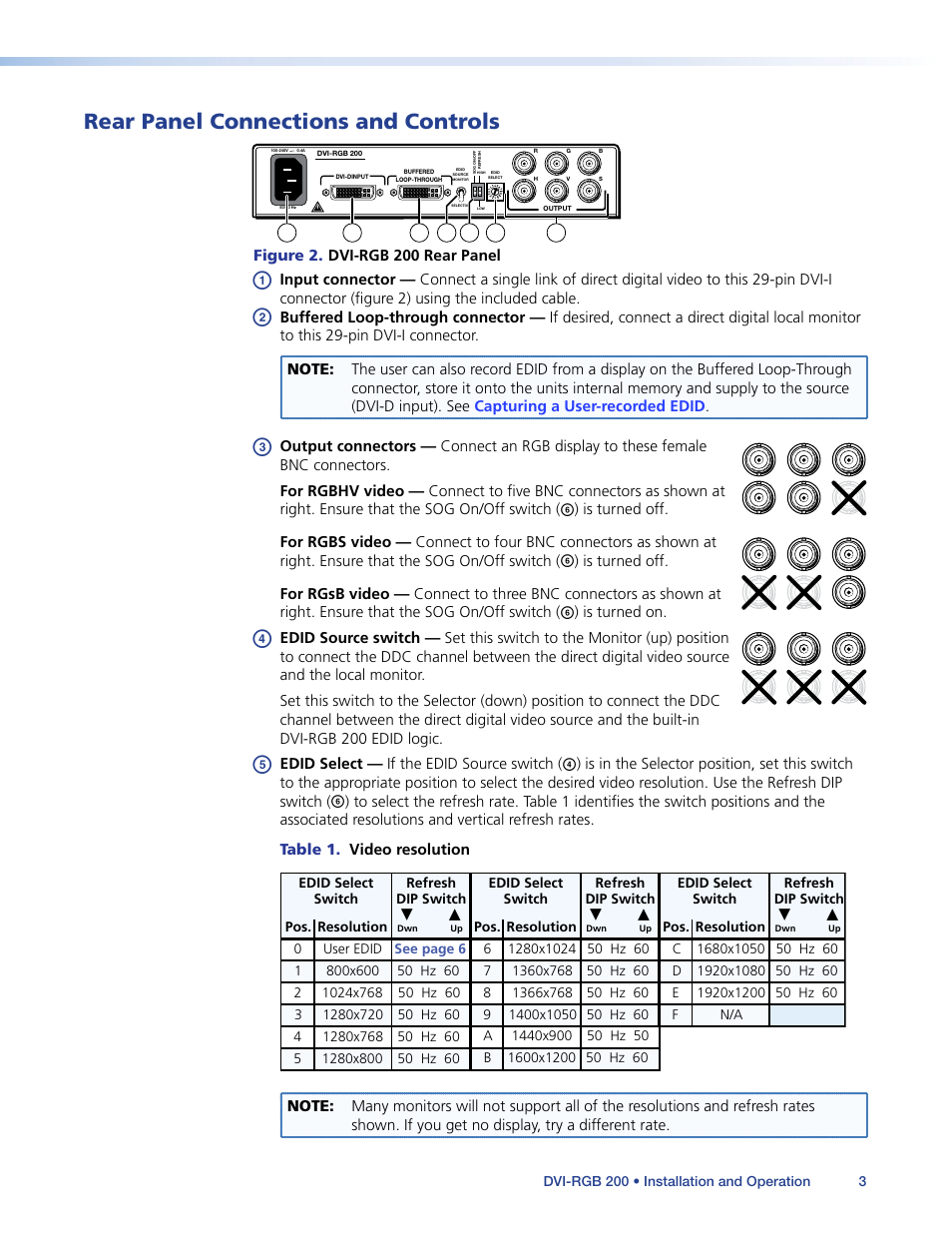 Rear panel connections and controls, Rear panel connections and control, Connect the cables. see | Extron Electronics DVI-RGB 200 User Guide User Manual | Page 8 / 19