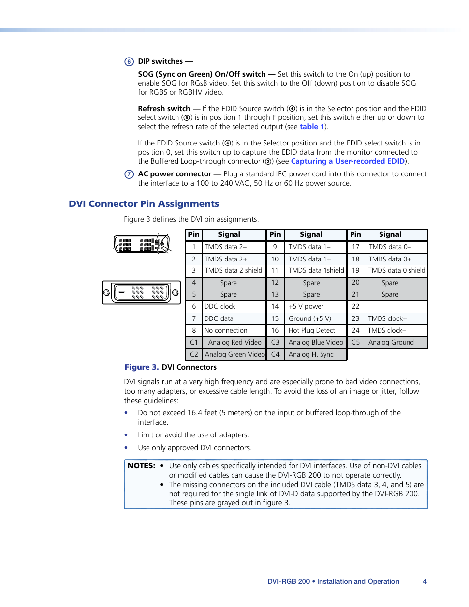 Dvi connector pin assignments | Extron Electronics DVI-RGB 200 User Guide User Manual | Page 9 / 19