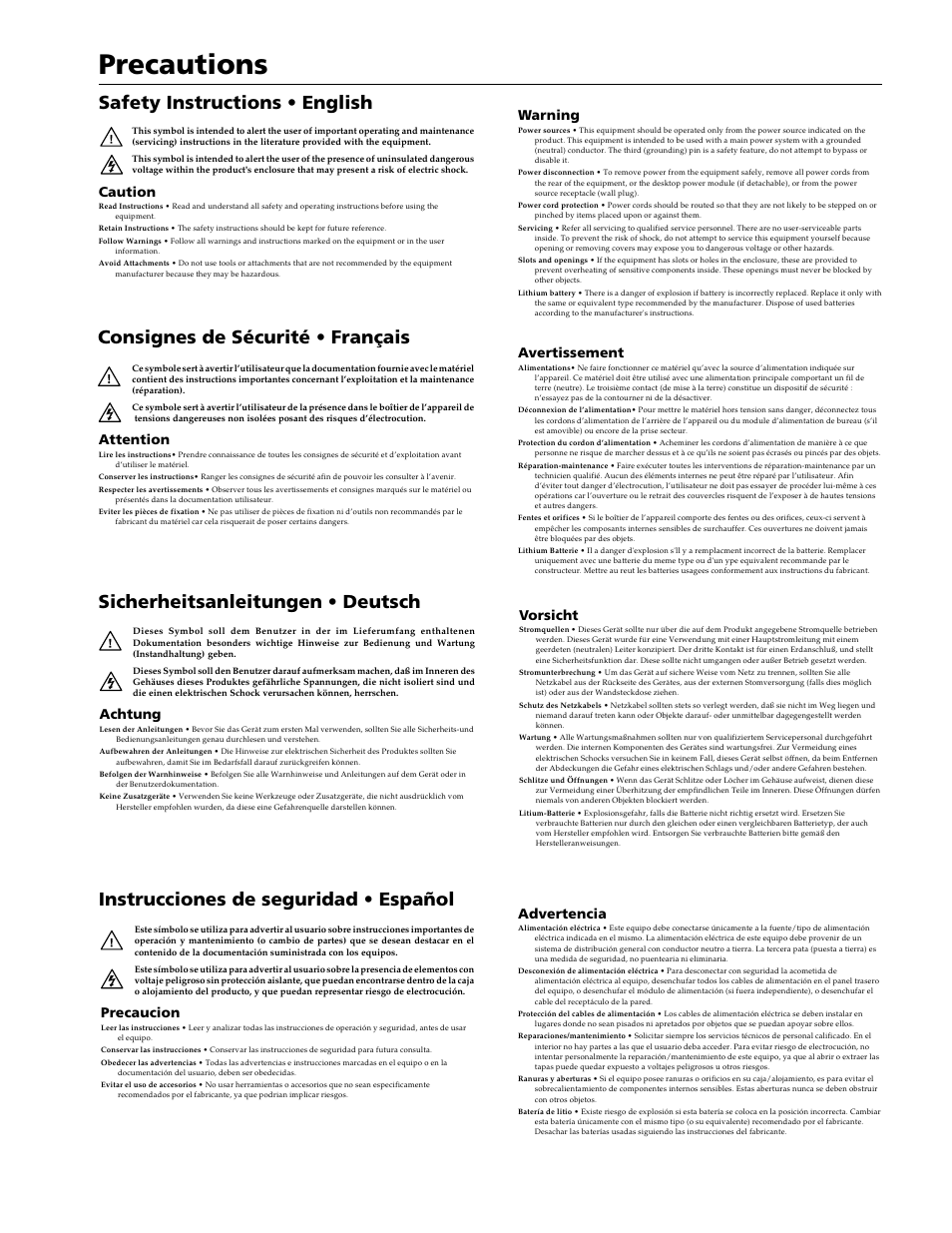 Precautions, Sicherheitsanleitungen • deutsch, Instrucciones de seguridad • español | Caution, Warning, Attention, Avertissement, Precaucion, Advertencia, Achtung | Extron Electronics DVS 150 User Manual | Page 2 / 42