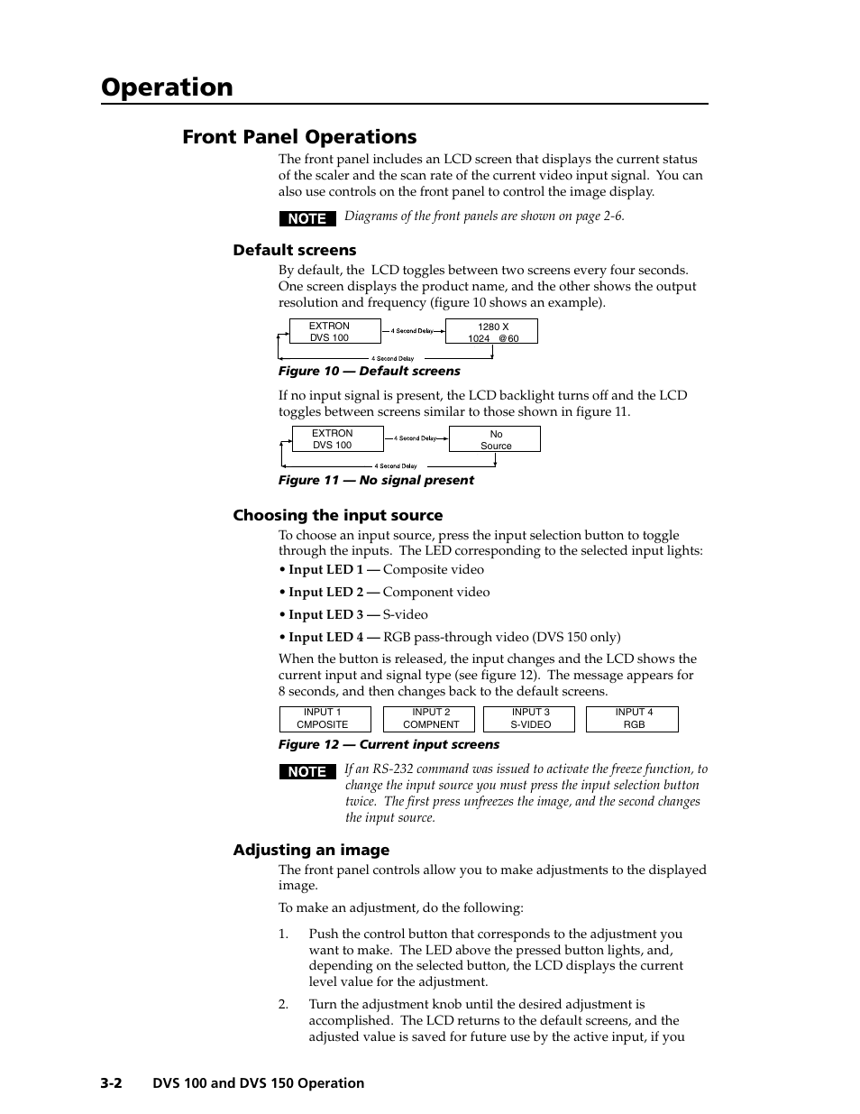 Operation, Operation, cont’d, Front panel operations | Default screens, Choosing the input source, Adjusting an image | Extron Electronics DVS 150 User Manual | Page 20 / 42