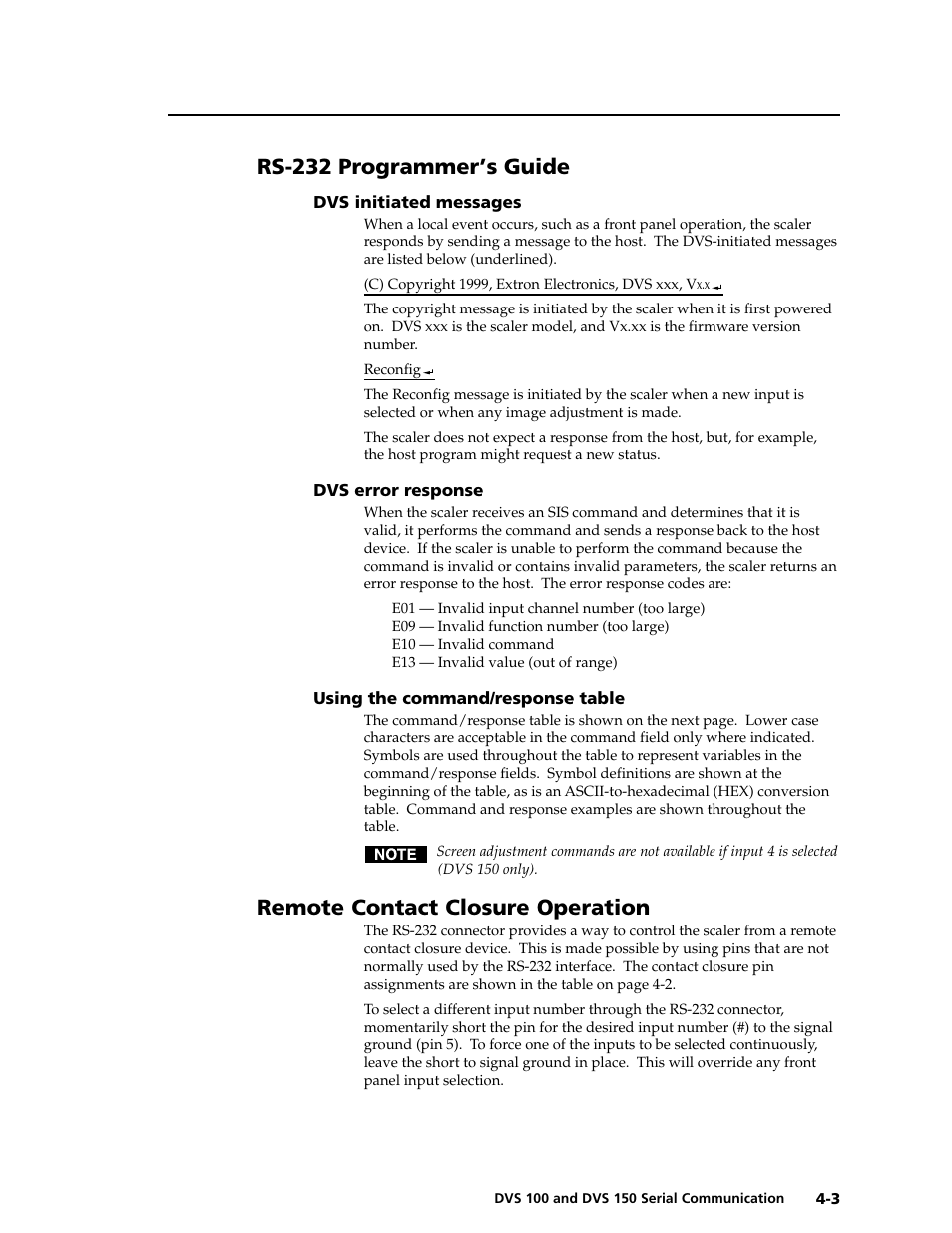 Rs-232 programmer’s guide, Remote contact closure operation | Extron Electronics DVS 150 User Manual | Page 27 / 42