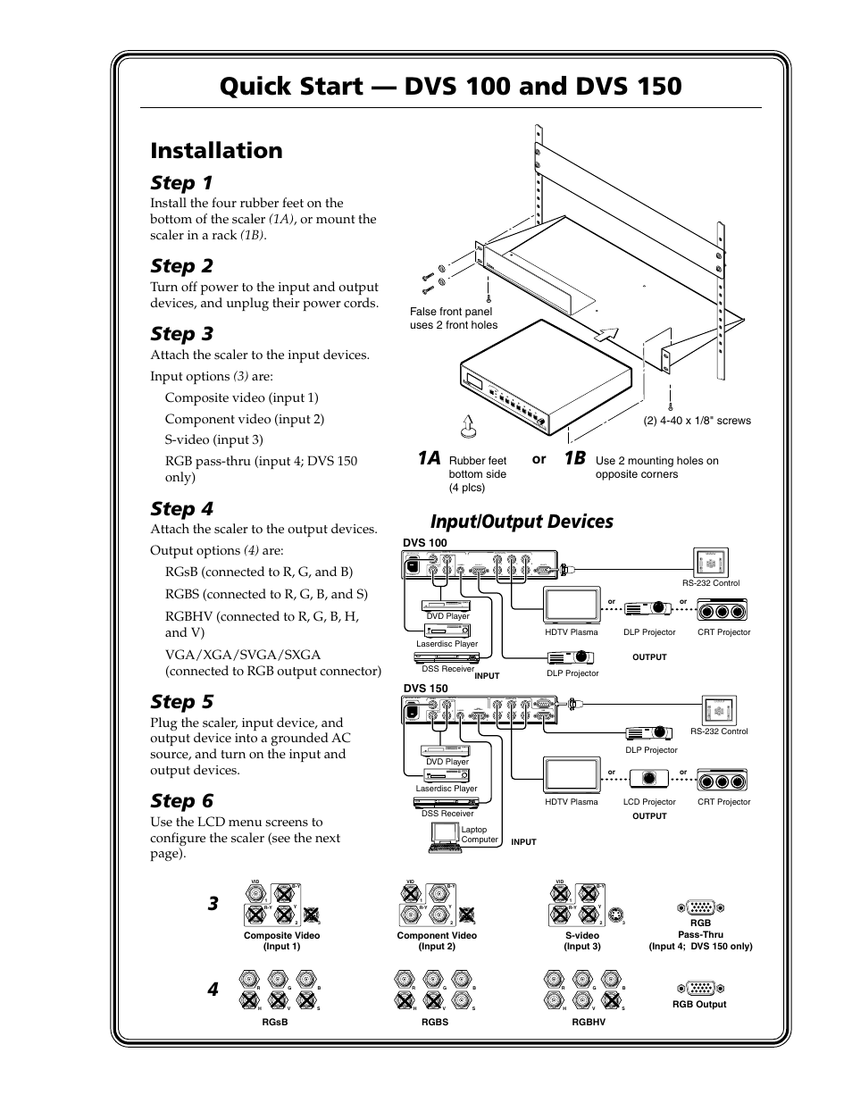 Installation, Step 1, Step 2 | Step 3, Step 4, Step 5, Step 6, 1a 1b, Input/output devices, Dig ita l v ide o s ca le r inp ut | Extron Electronics DVS 150 User Manual | Page 3 / 42