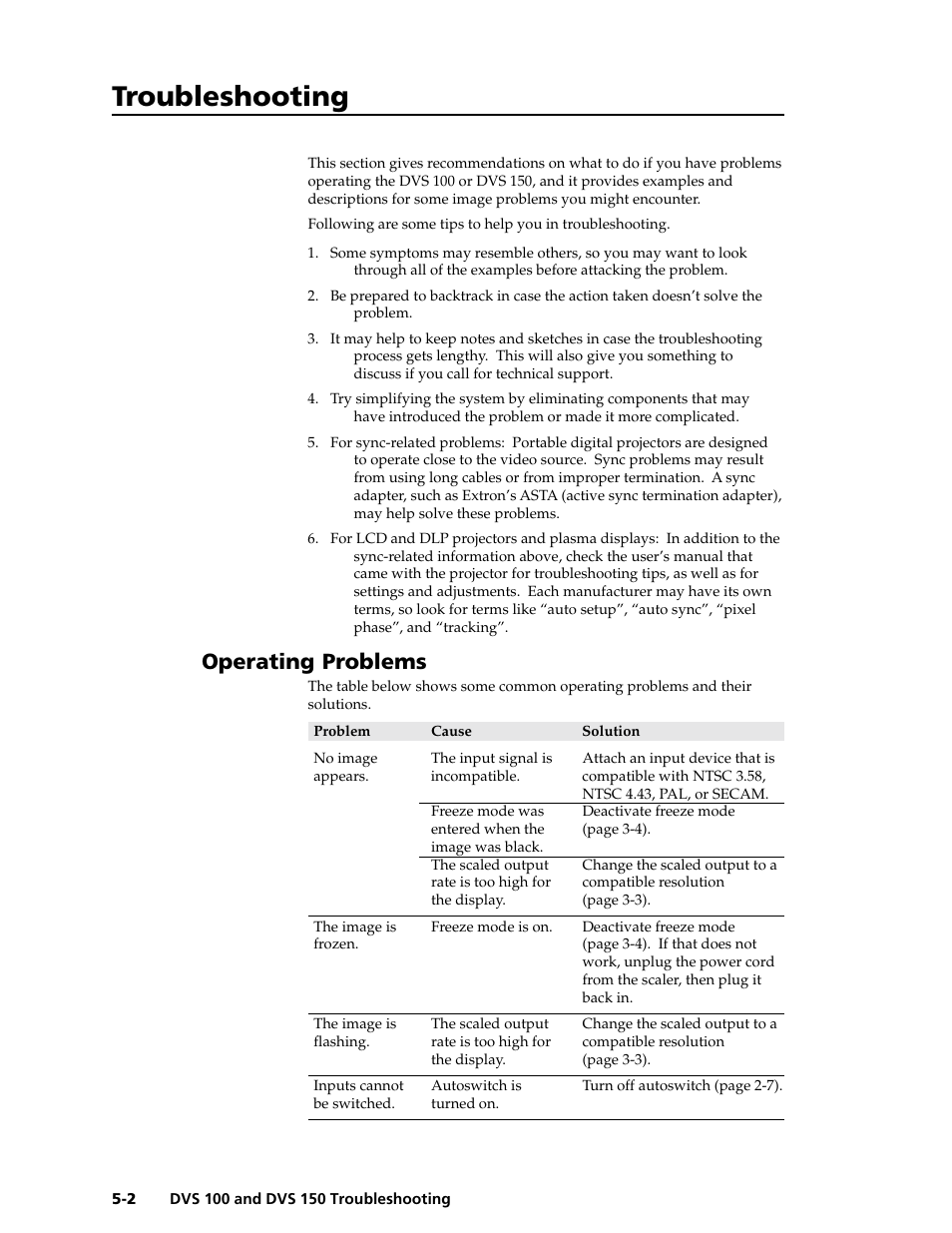 Troubleshooting, Troubleshooting, cont’d, Operating problems | Extron Electronics DVS 150 User Manual | Page 32 / 42