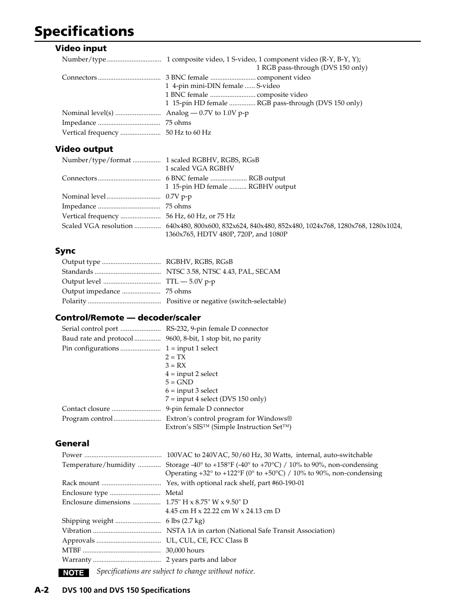 Specifications | Extron Electronics DVS 150 User Manual | Page 36 / 42