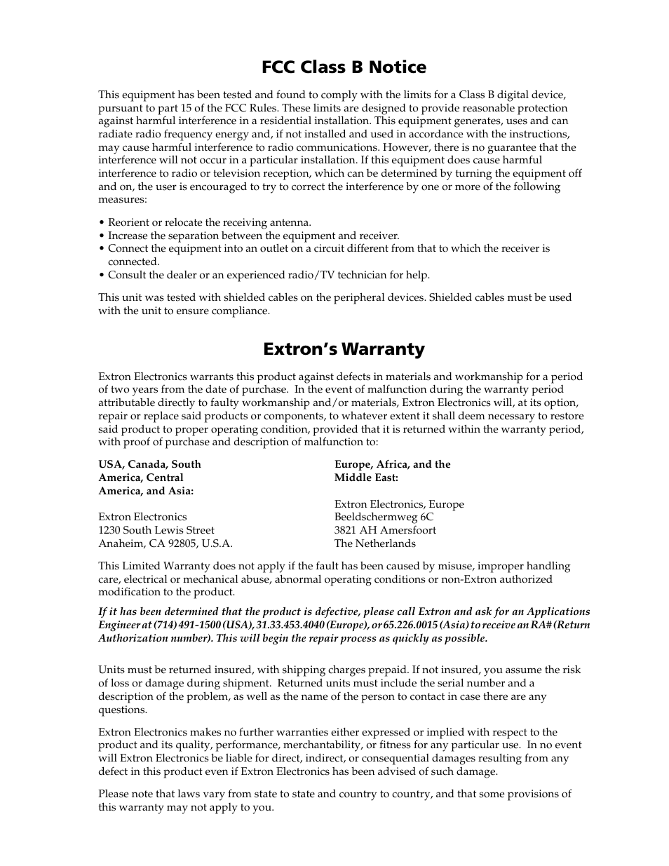 Fcc class b notice, Extron’s warranty | Extron Electronics DVS 150 User Manual | Page 41 / 42