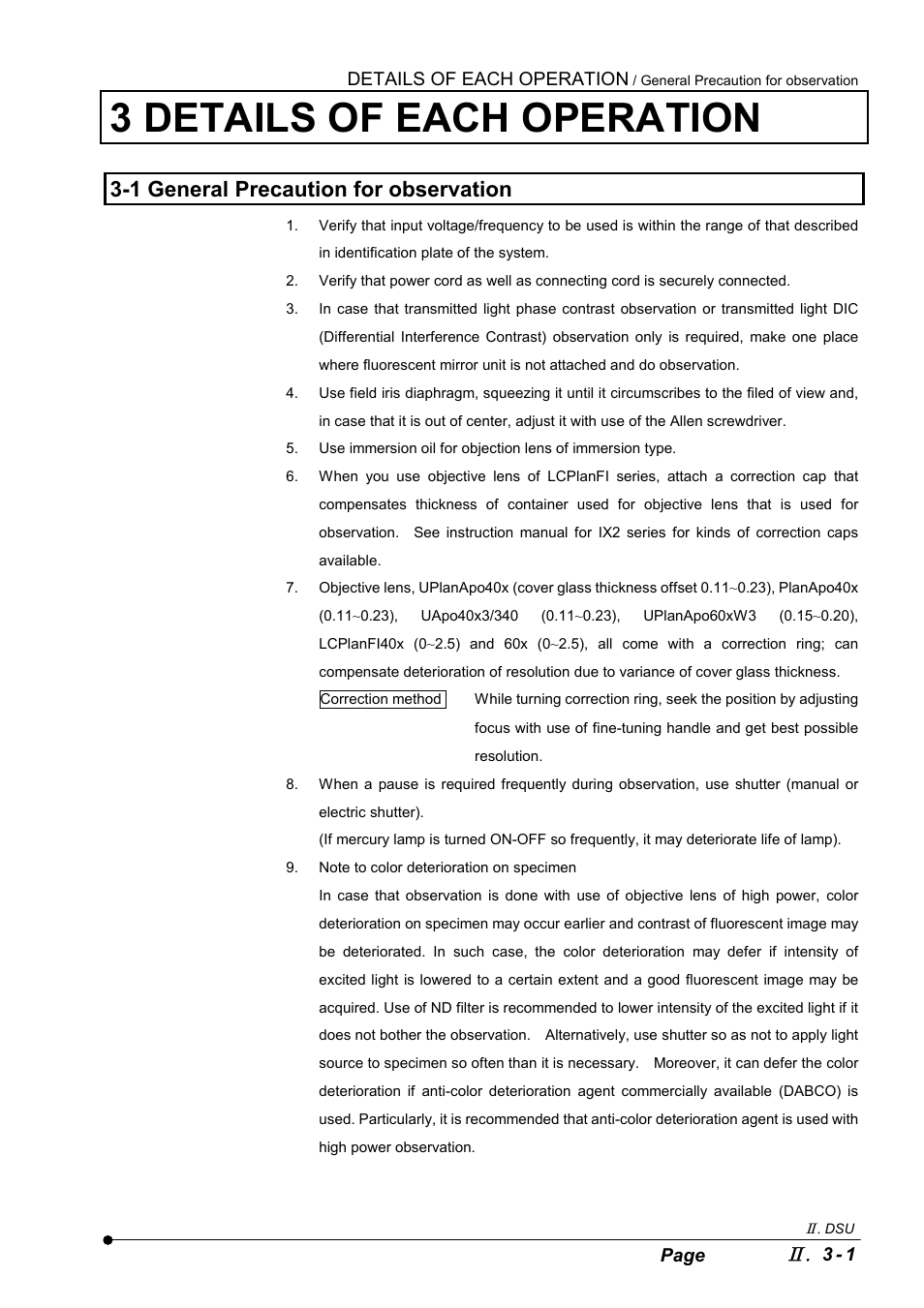 3 details of each operation, 1 general precaution for observation | Olympus IX2-DSU BX-DSU User Manual | Page 25 / 84